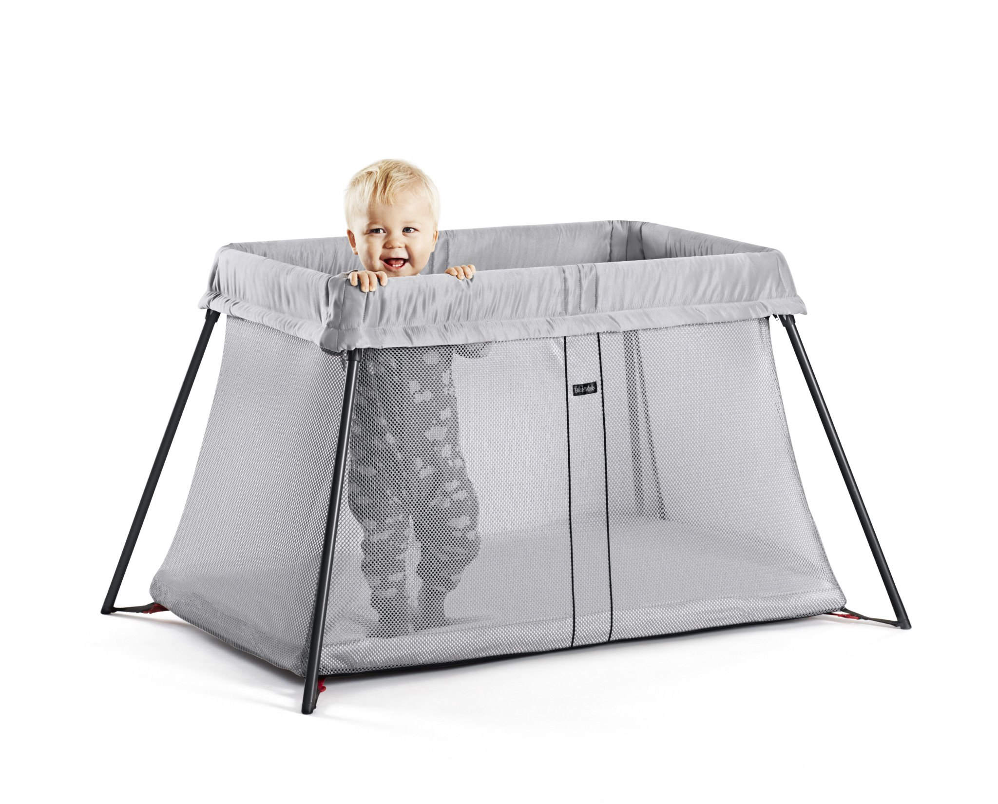 BabyBjorn Travel Crib Light - Portable Baby Bed with Fitted Sheet, Silver | Compact Foldable Design for Travel, Home & Nursery Use