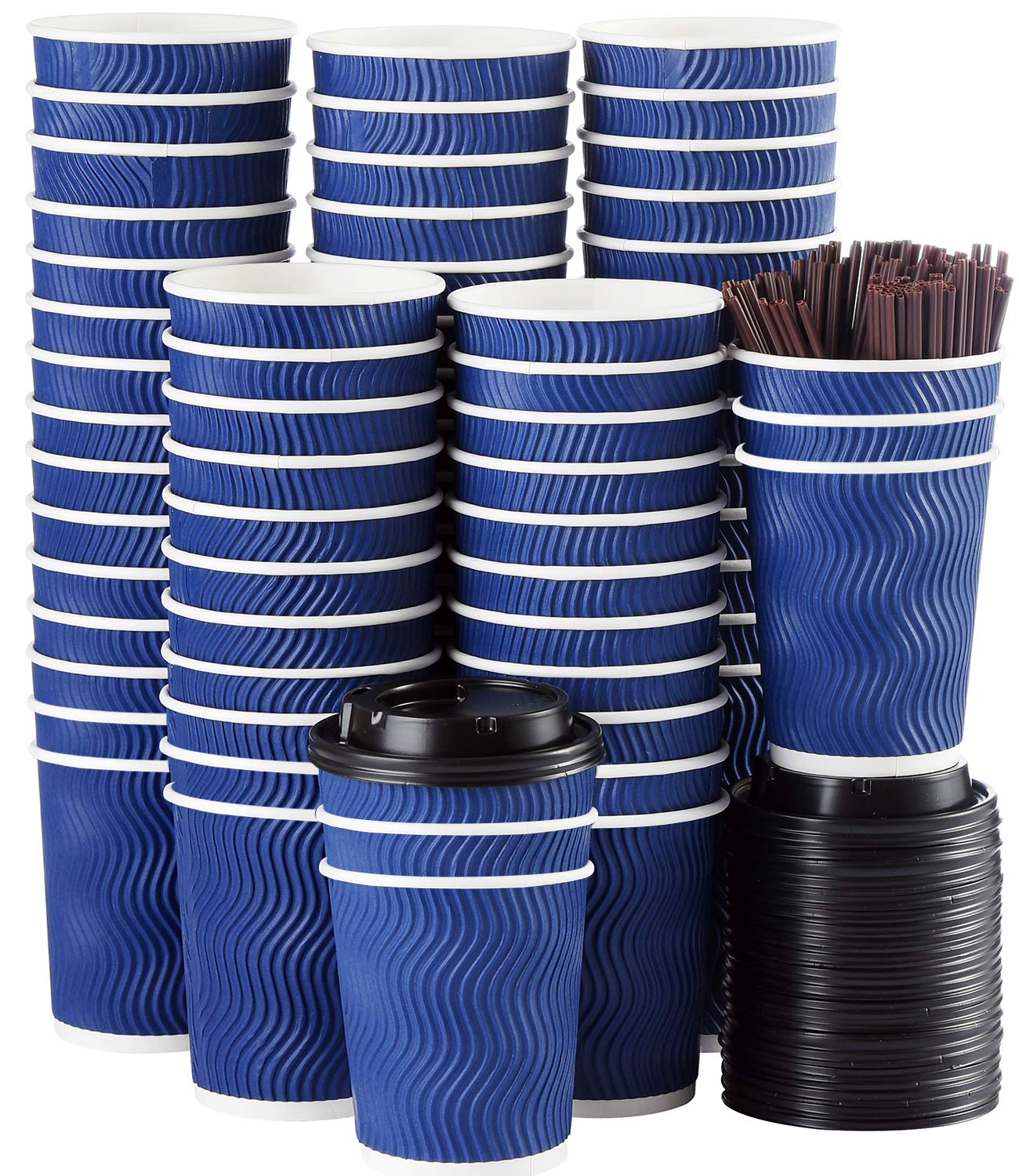 4 oz Disposable Coffee Cups with Lids and Straws - 90 Pack Insulated Paper Cups for Hot & Cold Beverages, Espresso, Tea - Reusable Ripple Design Protects Fingers from Heat - Perfect for Coffee Shops, Office Use, and Takeout Drinks