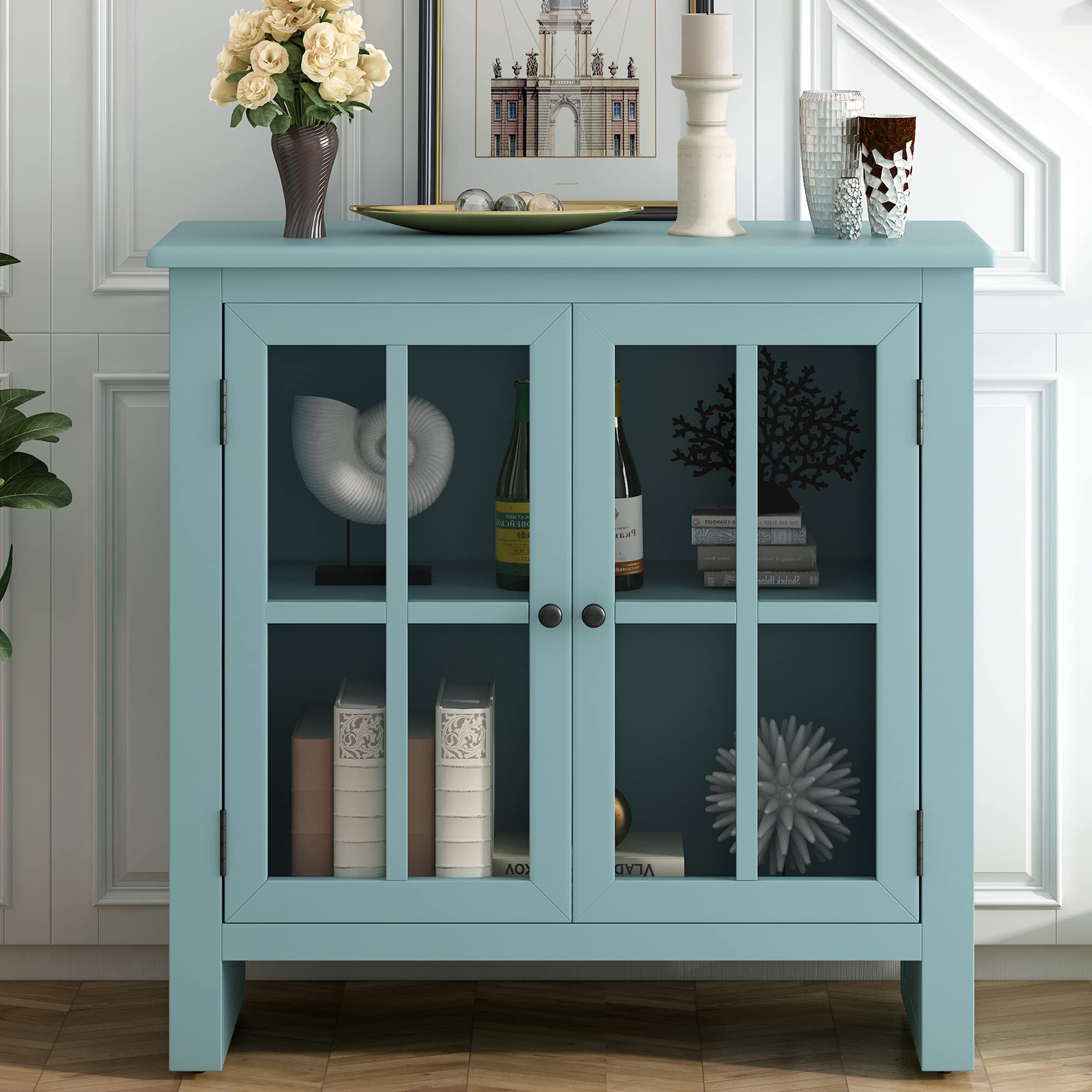 Amposei 31.5-Inch Buffet Sideboard Cabinet with Glass Doors - Adjustable Shelf Storage Cabinet for Coffee Bar, Living Room, Entryway, Bedroom & Kitchen - Modern Home Furniture (Green) | Perfect for Displaying Glassware, Storing Linens & Organizing Small Appliances