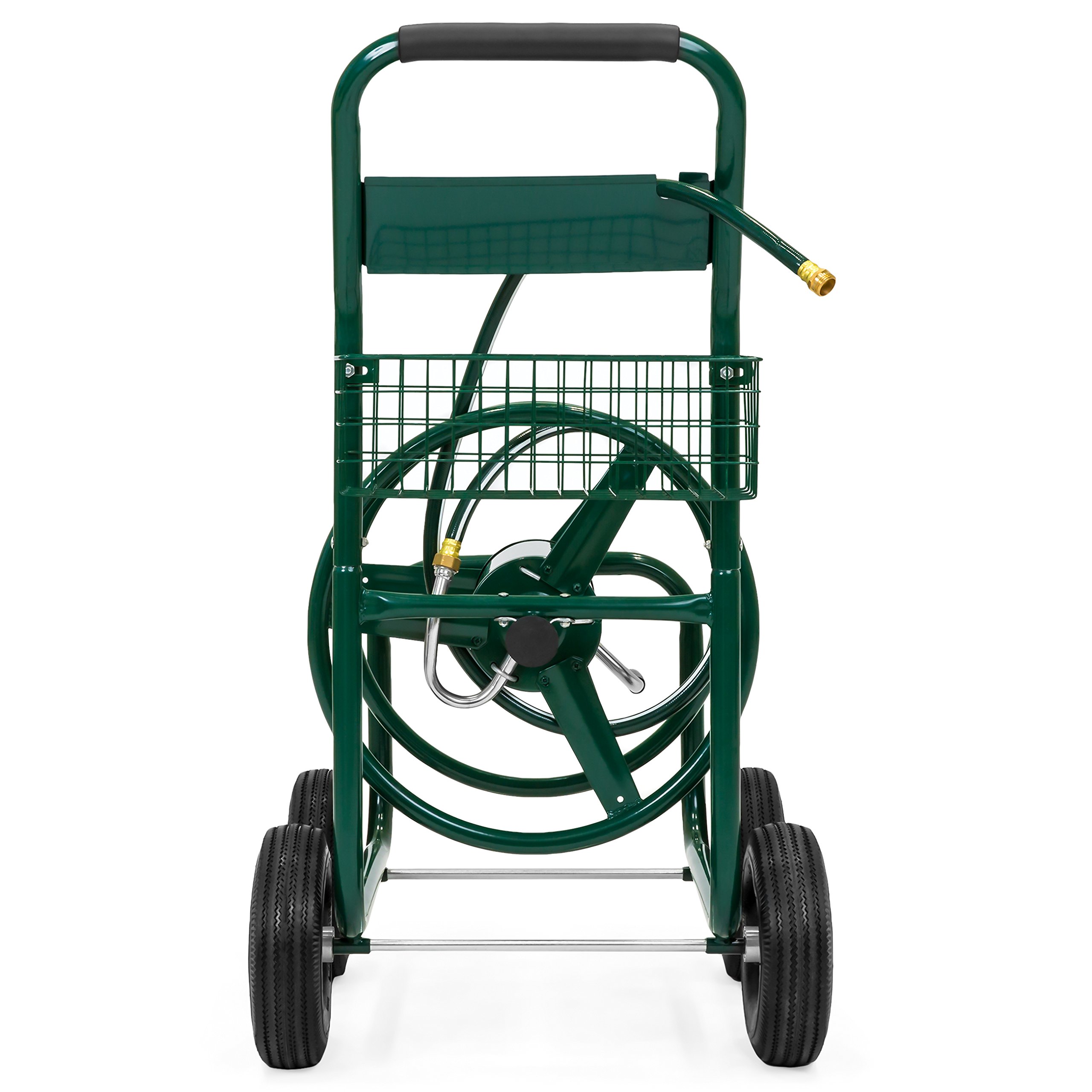 Best Choice Products 300ft Heavy Duty Garden Hose Reel Cart with Storage Basket - Green Outdoor Watering Solution for Lawn, Yard & Gardening