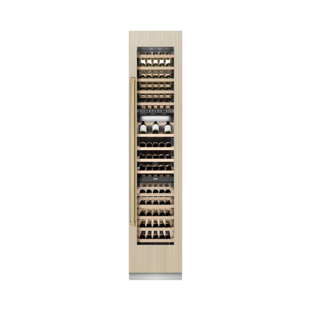 ZLINE Autograph Edition 18 Inch 9.0 cu ft Triple Zone 68 Bottle Panel Ready Right Hinge Column Wine Cooler with Polished Gold Accents - Perfect for Home Bars, Wine Cellars, and Entertaining Spaces (RBCWVRZ 18 G)
