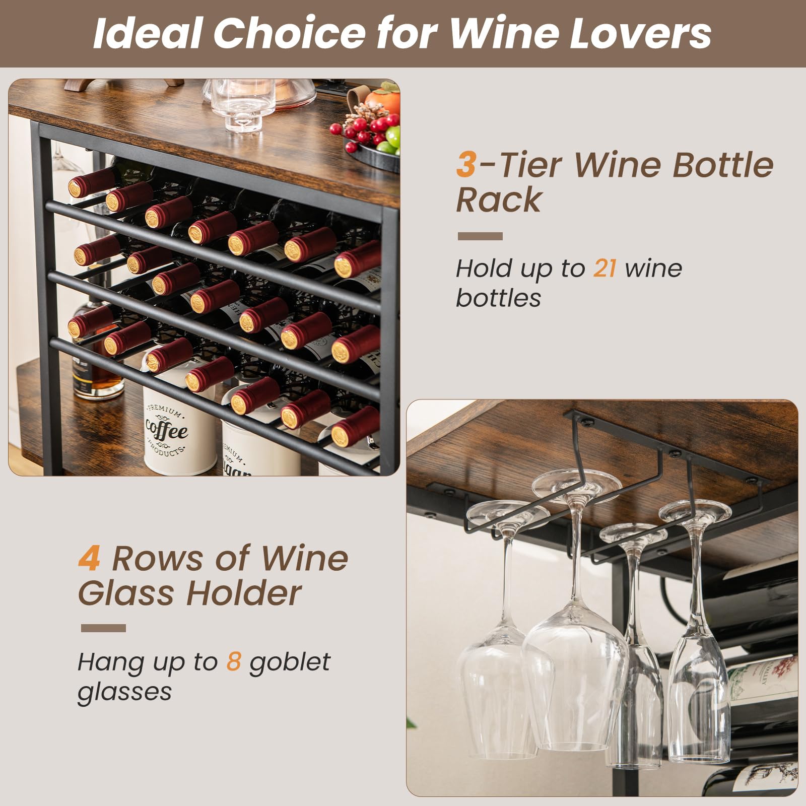 COSTWAY 3-Tier Wine Bar Cabinet with Power Outlets - Rustic Brown Liquor Storage with Wine Bottle Racks & Glass Holders, Freestanding Mini Bar Table for Kitchen, Dining Room, Home Pub or Office - Perfect for Entertaining Guests & Displaying Your Wine Collection