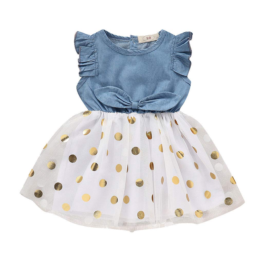 **Adorable Toddler Girl Sleeveless Denim Dresses with Dot Print & Bow Details – Perfect for Summer Playdates, Birthday Parties & Photo Shoots**