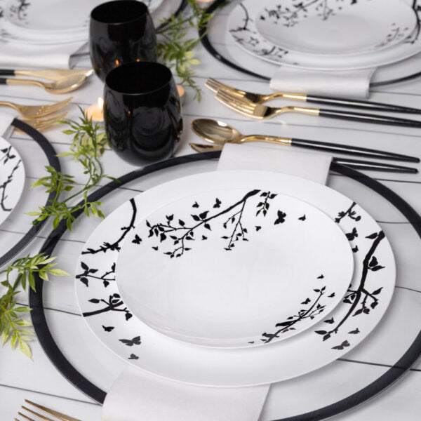 32-Piece Round Plastic Dinnerware Set - White & Black Disposable Plates, Bowls, Cups & Utensils for 16 Guests - Perfect for Parties, Picnics, BBQs & Outdoor Events