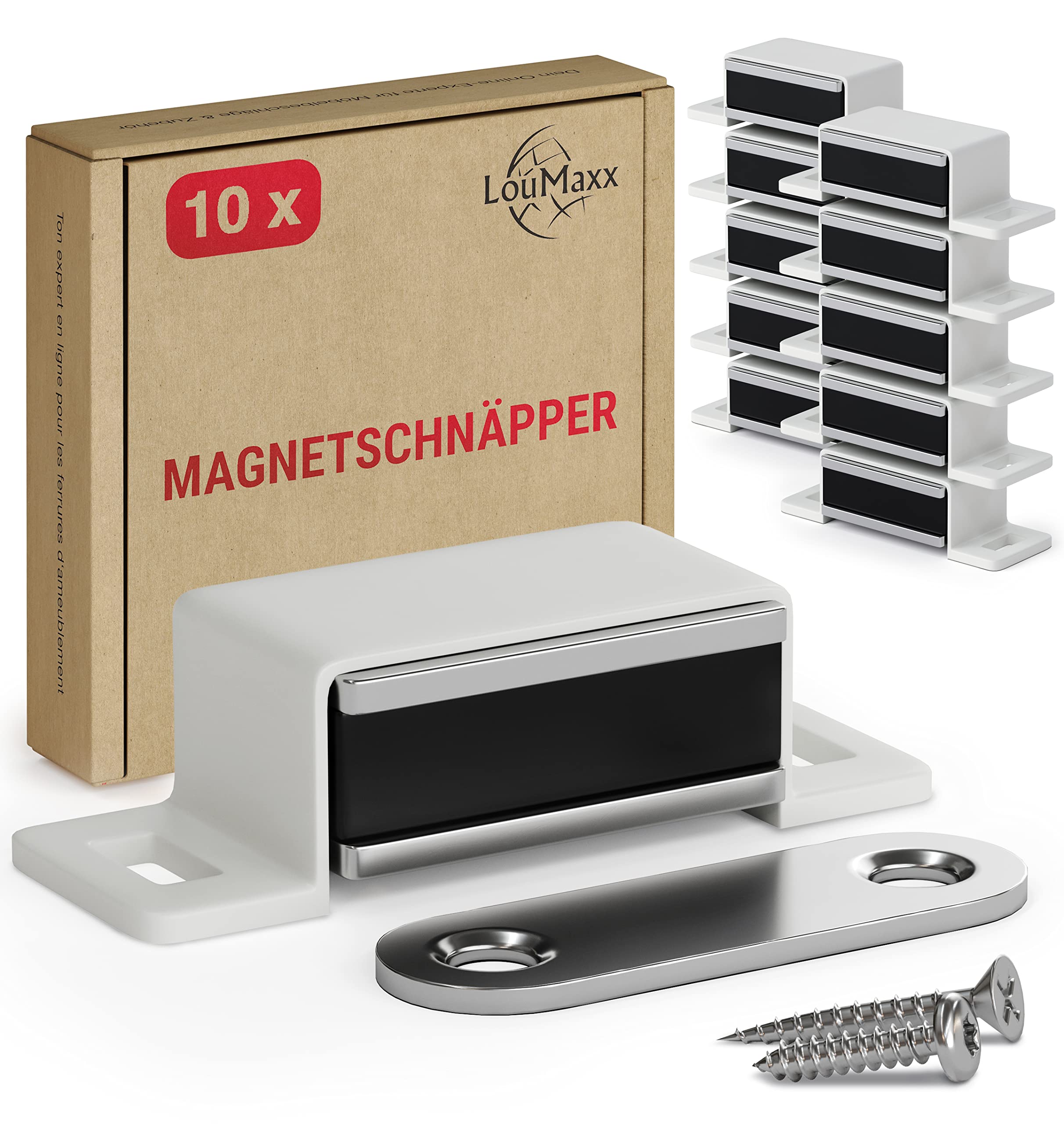 LouMaxx Strong Magnetic Catches - 4kg Holding Force - 10-Pack White Cabinet Door Magnets | Secure Closet, Wardrobe & Drawer Closure for Smooth Silent Operation