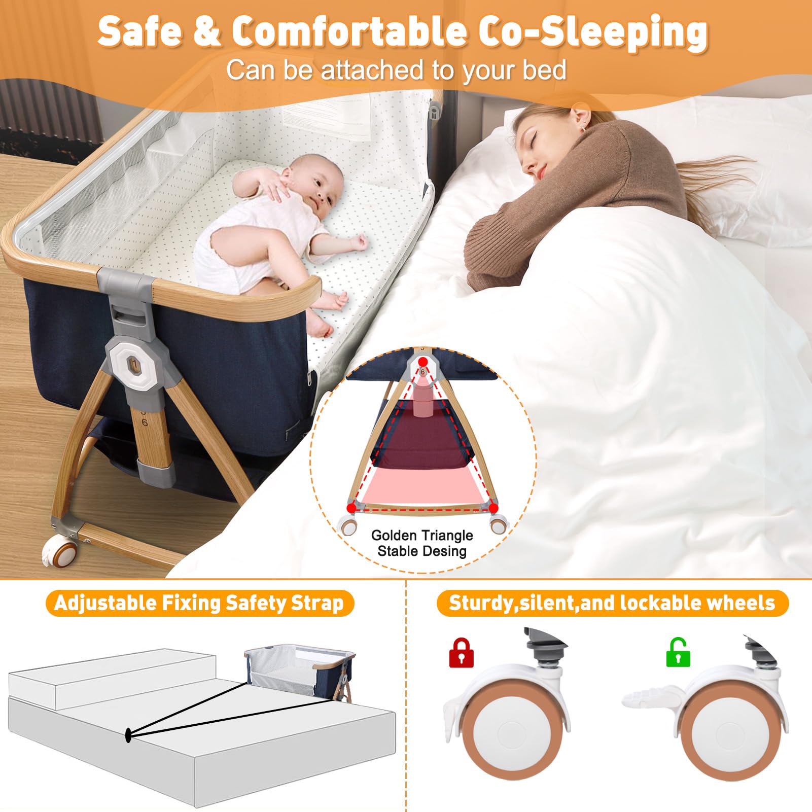 3-in-1 Adjustable Baby Bassinet Bedside Sleeper with Breathable Mesh, Comfortable Mattress & Wheels - Portable Folding Crib for Newborns, 6 Height Settings, Easy Assembly - Perfect for Nursery, Bedroom Co-Sleeping & Travel