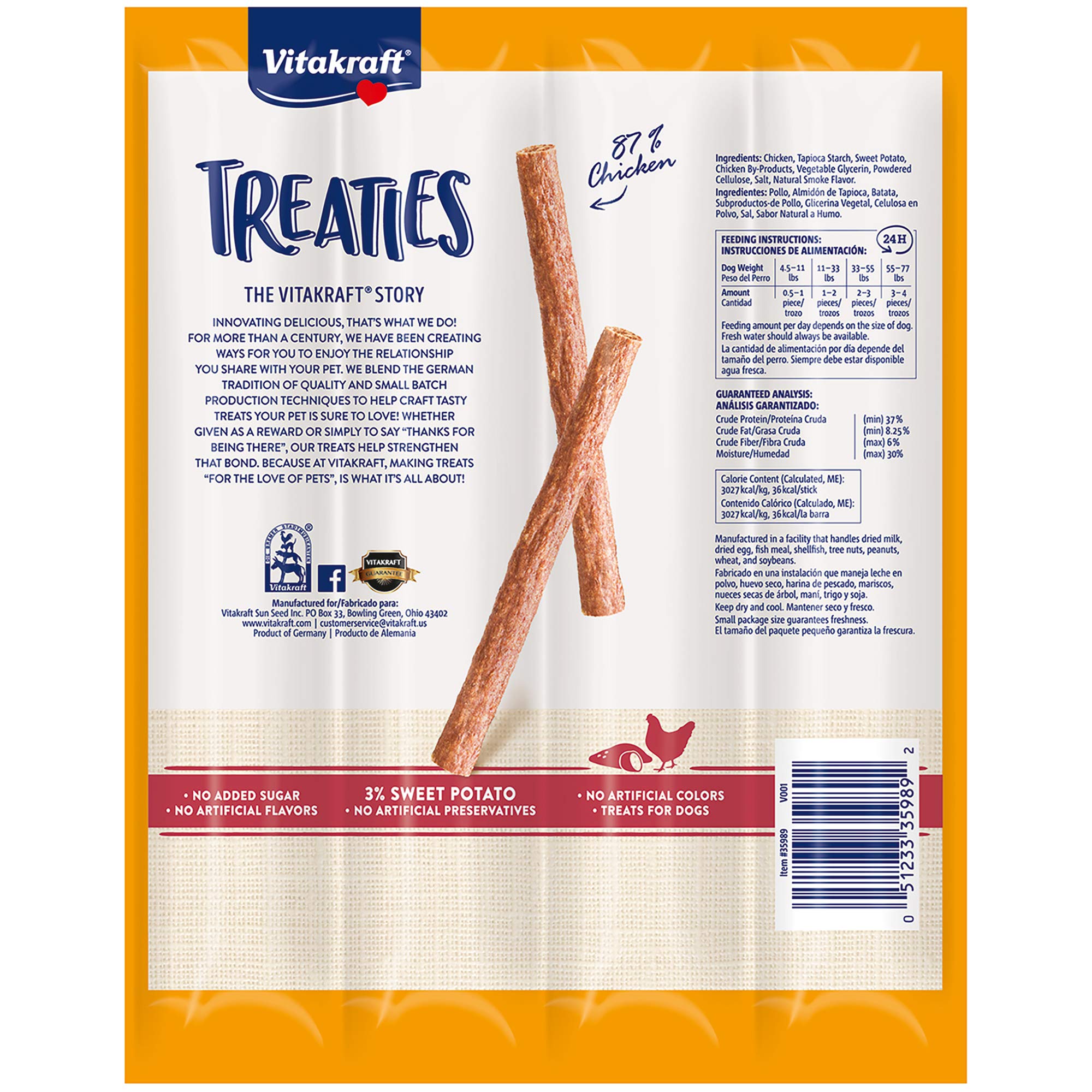 Vitakraft Chicken & Sweet Potato Dog Chew Sticks - 87% Real Chicken Soft Jerky Treats - No Rawhide, 56 Count - Perfect for Training Rewards & Dental Health