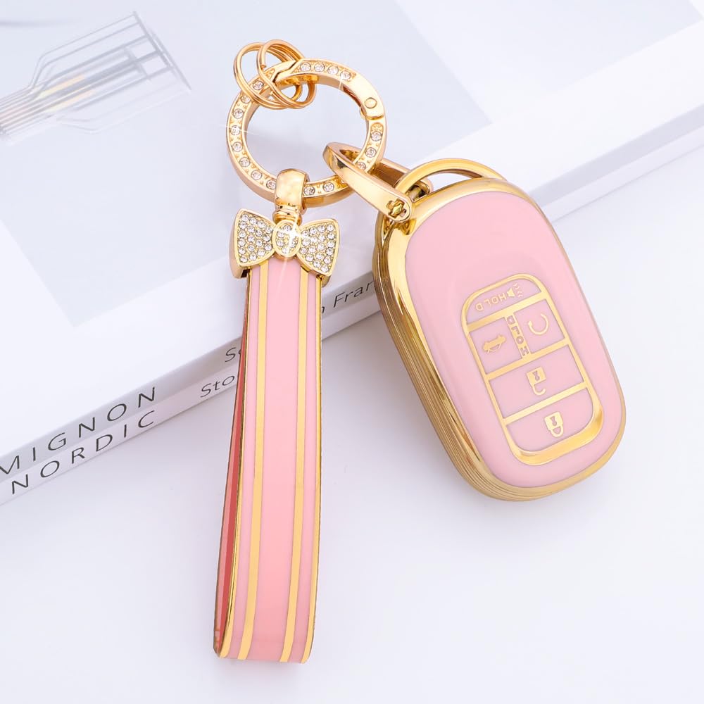 PIFOOG Pink Gold Key Fob Cover for Honda CRV HRV Civic Accord Pilot 2023 2024 - 5 Buttons TPU Key Case Shell Protector, Bling Keychain Accessories for Women (Perfect for Daily Use & Car Key Protection)