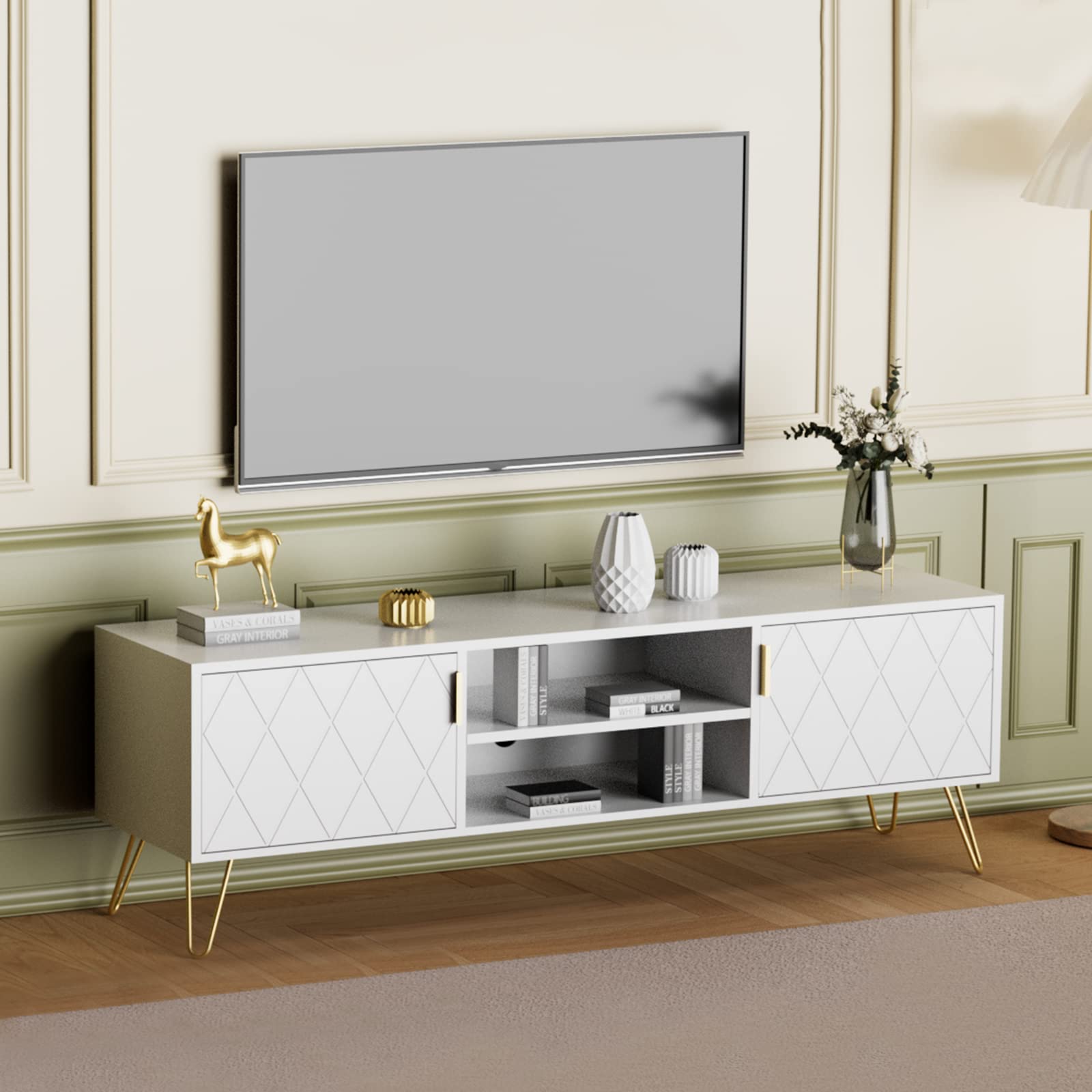 Anbuy White Wooden TV Stand for Bedroom & Living Room - 55 inch to 65 inch Entertainment Center with 2 Storage Cabinets & Shelves, Media Console Cabinet for Flat Screen TVs - Perfect for Home Theater Setup & Living Room Decor (White)
