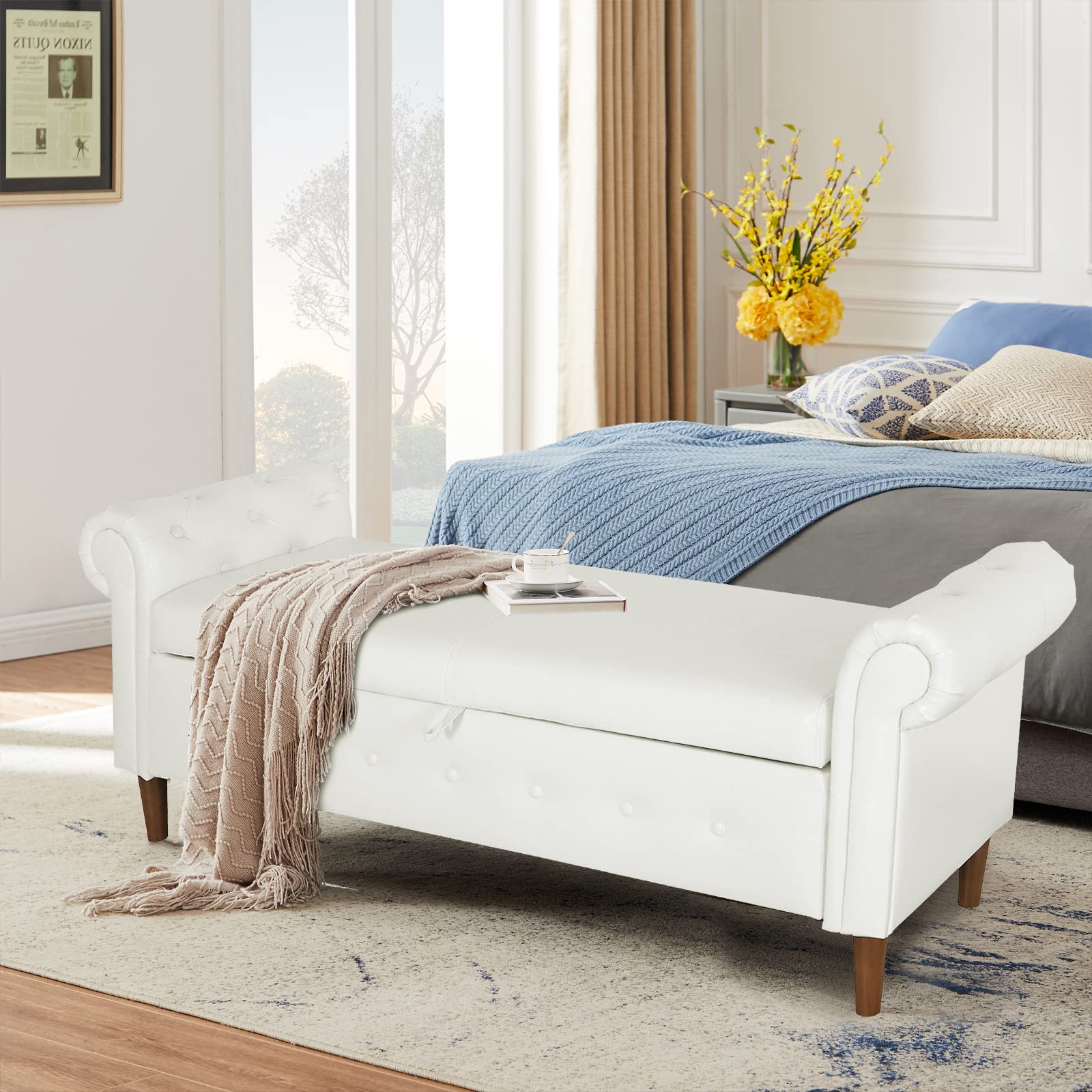 Aoowow White PU Leather Storage Bench - Ottoman Couch with Rolled Arms for Bedroom, Living Room, Window Seat & Fireplace - Multi-Functional Toy & Blanket Storage Ottoman Bench
