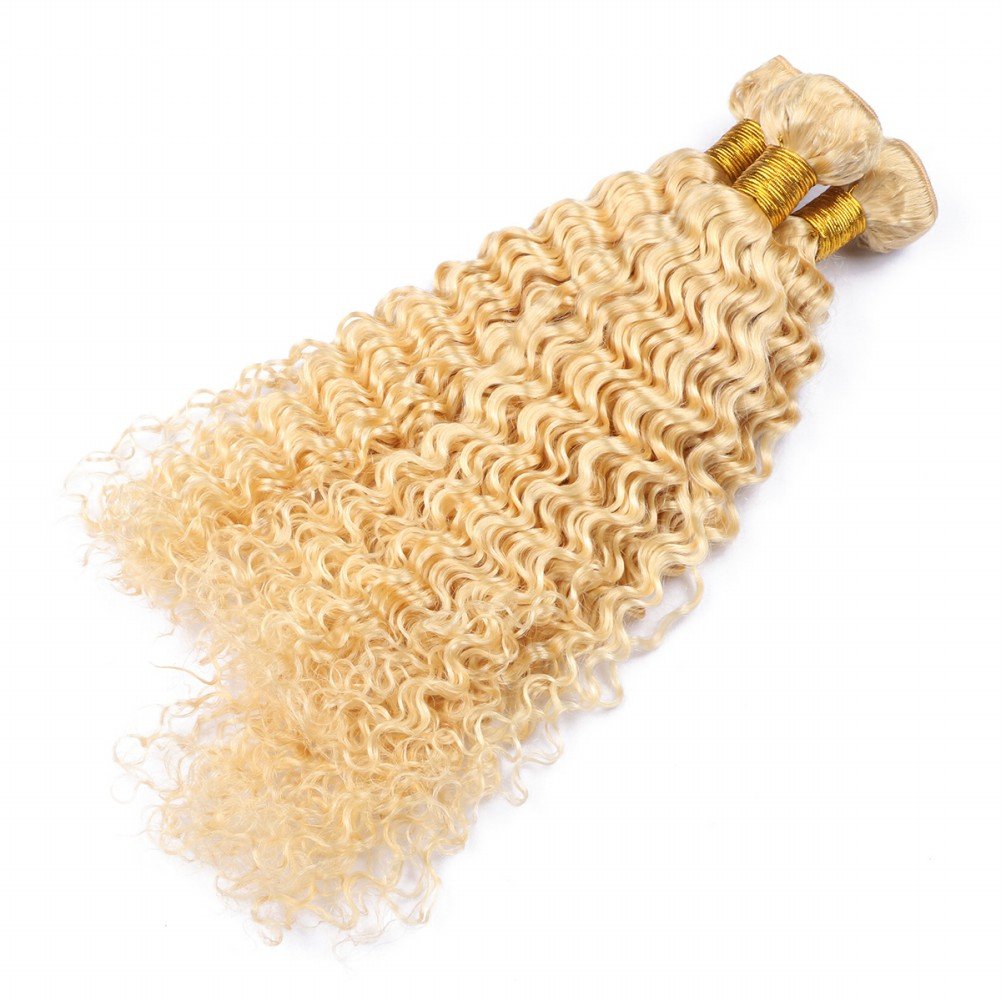 Brazilian Virgin Human Hair 360 Frontal & 3 Bundles - Blonde 613 Deep Wave Pre Plucked Hair Extensions (14/16/18+12 Inch) for Stunning Curly Hairstyles & Everyday Glam Looks