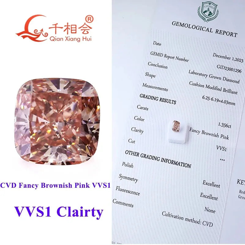 2.75ct CVD Lab Grown Diamond - Fancy Brownish Pink, VVS Clarity, Cushion Shape, GEMID Certified Loose Stone for Jewelry Making & Engagement Rings