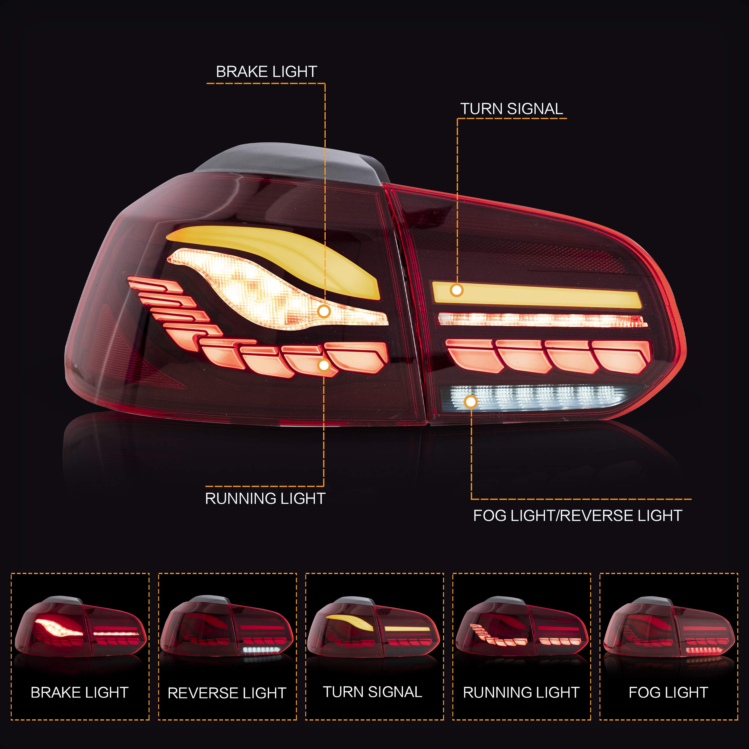 VLAND LED Tail Lights Assembly for Volkswagen Golf 6 (2010-2014) - Red Dragon Scale Design with Dynamic DRL, Sequential Turn Signals & Built-in Fog Lights | Perfect for Car Enthusiasts & Night Driving Safety Upgrades