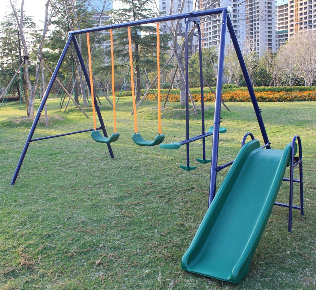 **A-Frame Metal Swing Set with Slide for Kids - Blue, Green, Orange Outdoor Playground Equipment for Backyard, Park & Garden Fun**