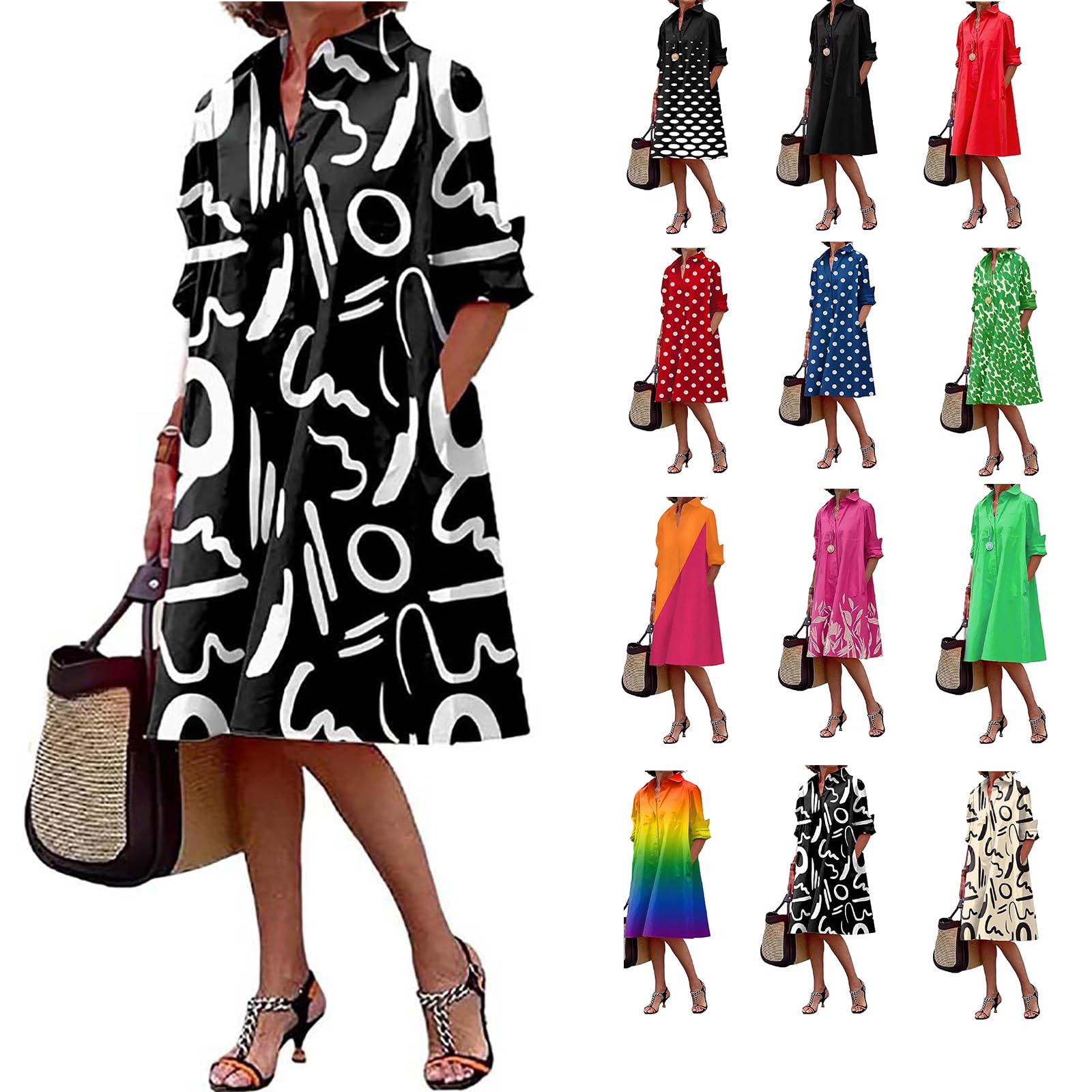 Women's Casual Long Sleeve Loose Maxi Shirt Dress 2024 - Button Front V-Neck Printed Flowy Dress for Work, Travel & Everyday Wear