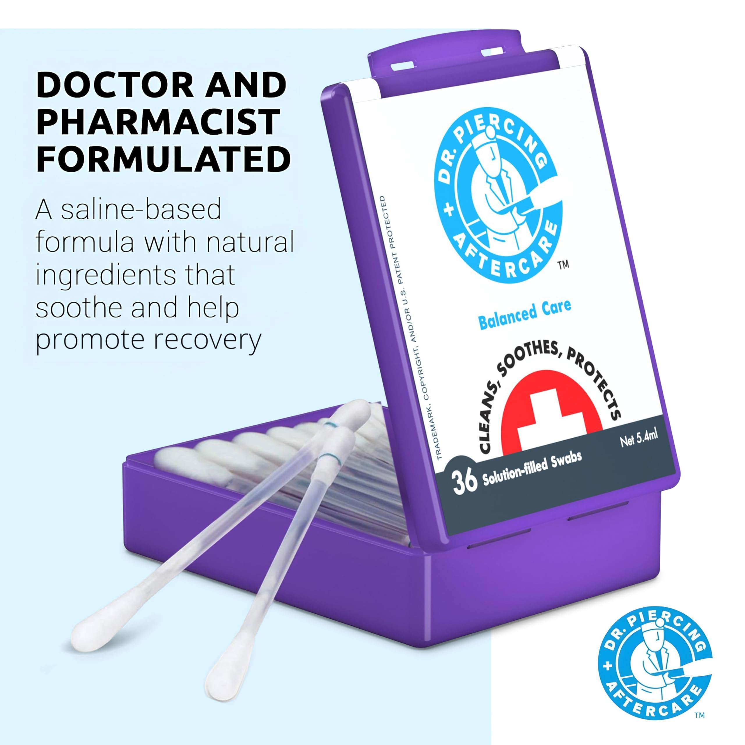 Dr. Piercing Aftercare Swabs with Saline Solution - Ear, Nose & Belly Button Piercing Cleaner - 36 Sterile Wipes for Gentle Piercing Care | Perfect for New Piercings, Healing & Daily Cleaning Routine