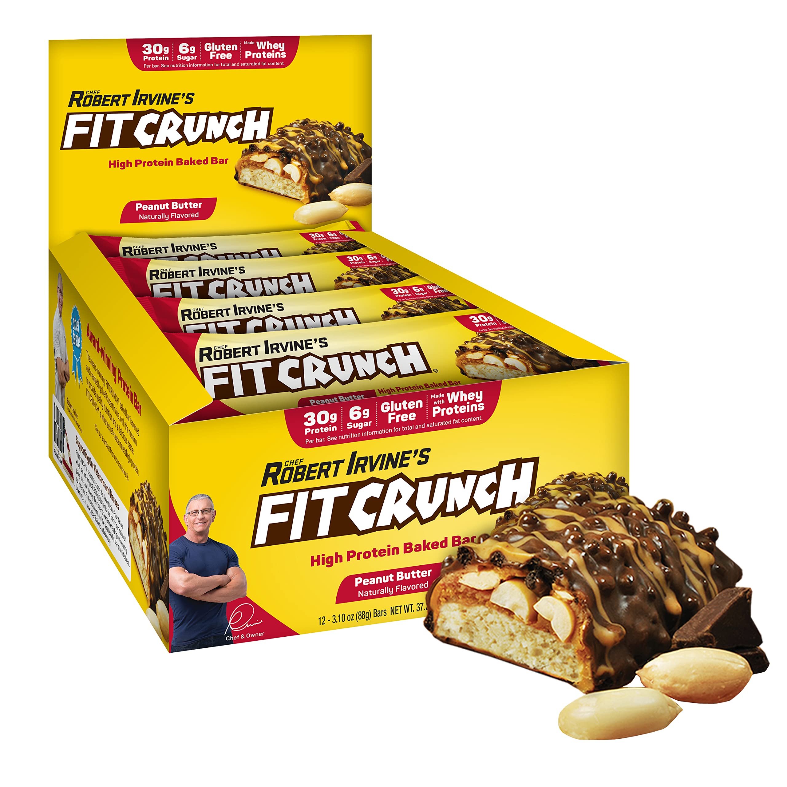 FITCRUNCH Protein Bars - 6-Layer Baked, Low Sugar (6g), Gluten Free, Soft Cake Core, Peanut Butter Flavor (12 Pack) - Perfect for Post-Workout Recovery & Healthy Snacking On-The-Go