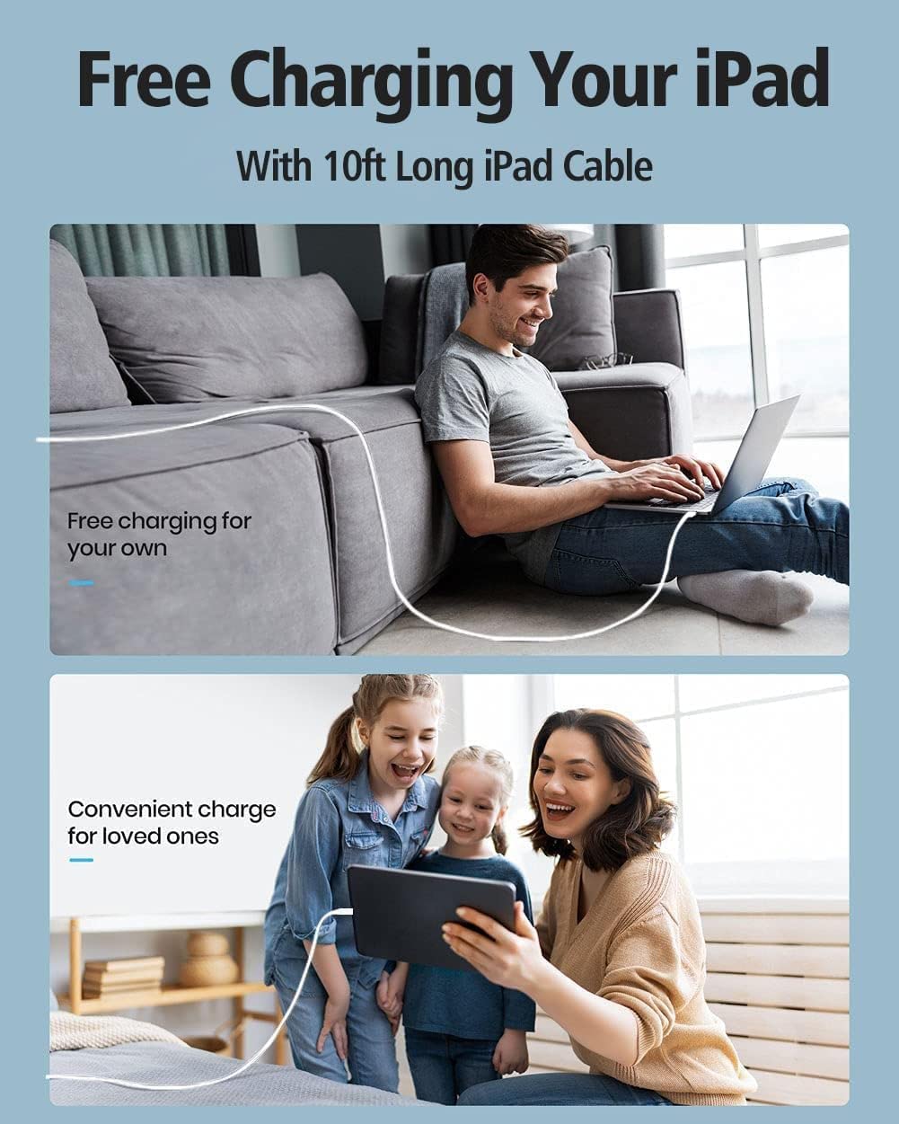 3-Pack 20W USB C Fast Charger with 10FT Long Cable for iPad Pro 12.9/11, iPad 10th Gen, iPad Air 5th/4th Gen, iPad Mini 6, iPhone 15 Series - Perfect for Home, Office & Travel Charging