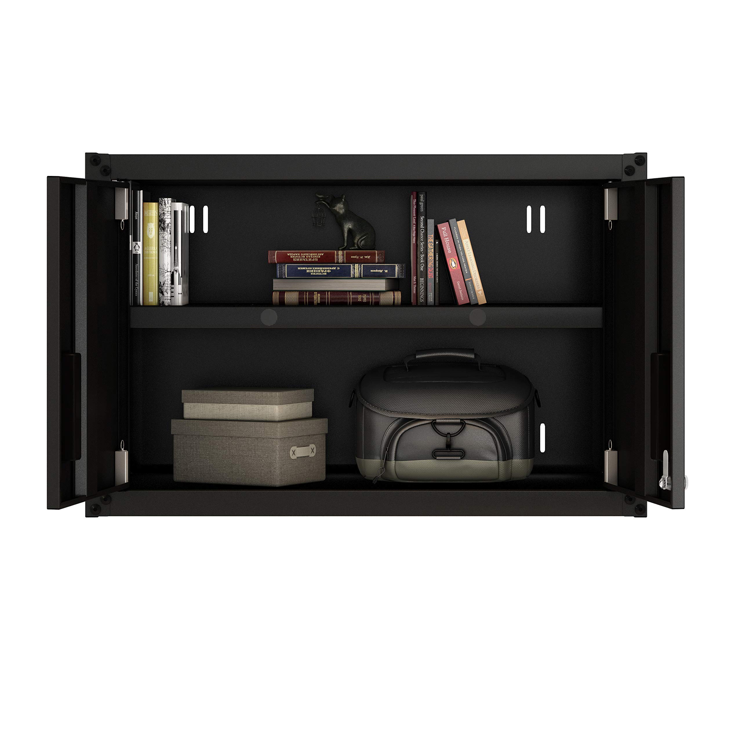 Wall Mount Garage Storage Cabinet - Lockable 2-Door Steel Metal Cabinet with 44 lbs Shelf Capacity & Removable Shelves | Ready-to-Assemble Floating Shelf for Garage Organization | Perfect for Tools, Sports Gear & Household Storage (Black)
