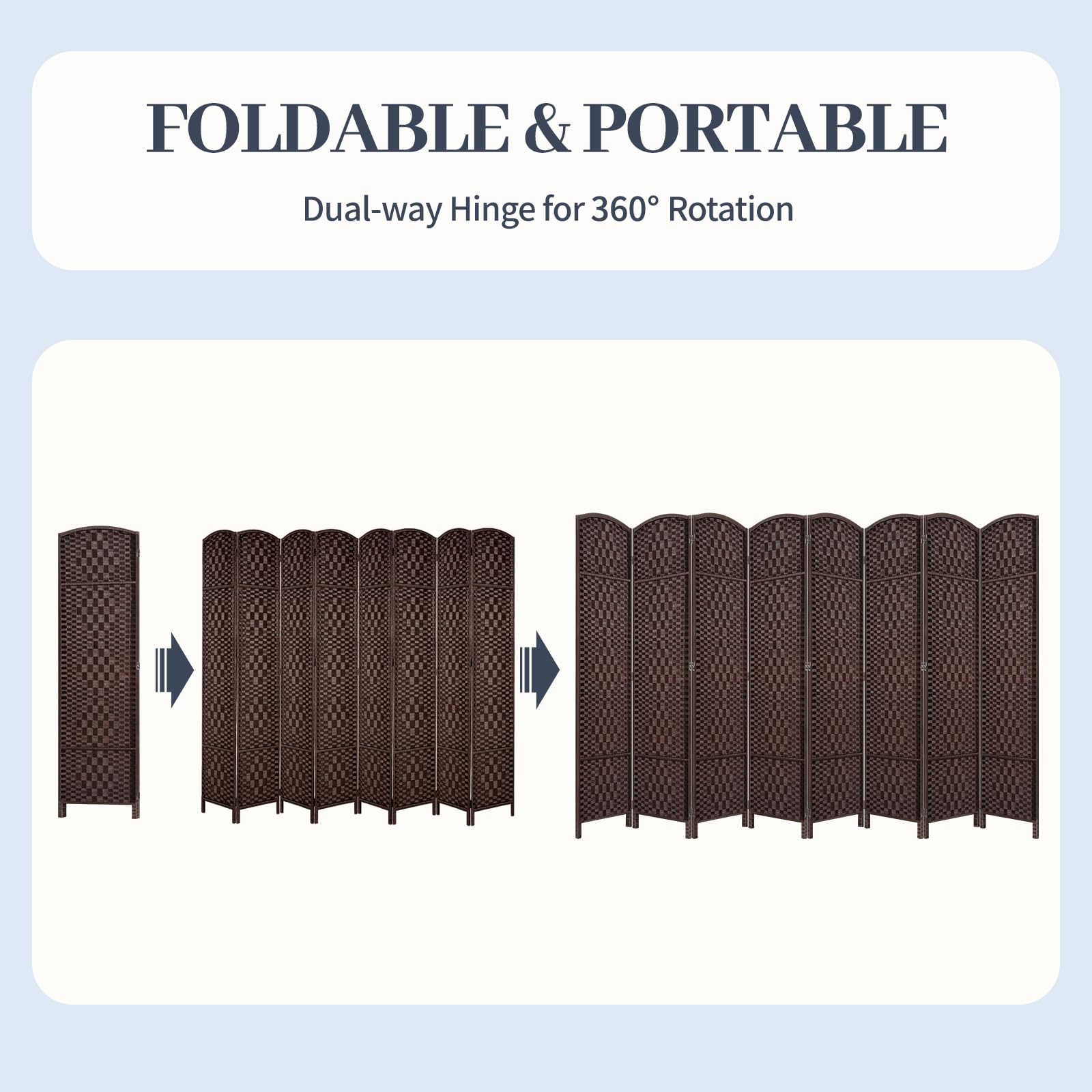 6FT Room Divider Folding Privacy Screen - 8 Panel Brown Space Separator for Home Office, Bedroom Partition & Room Separation - Portable Wall Divider for Indoor Privacy & Space Organization
