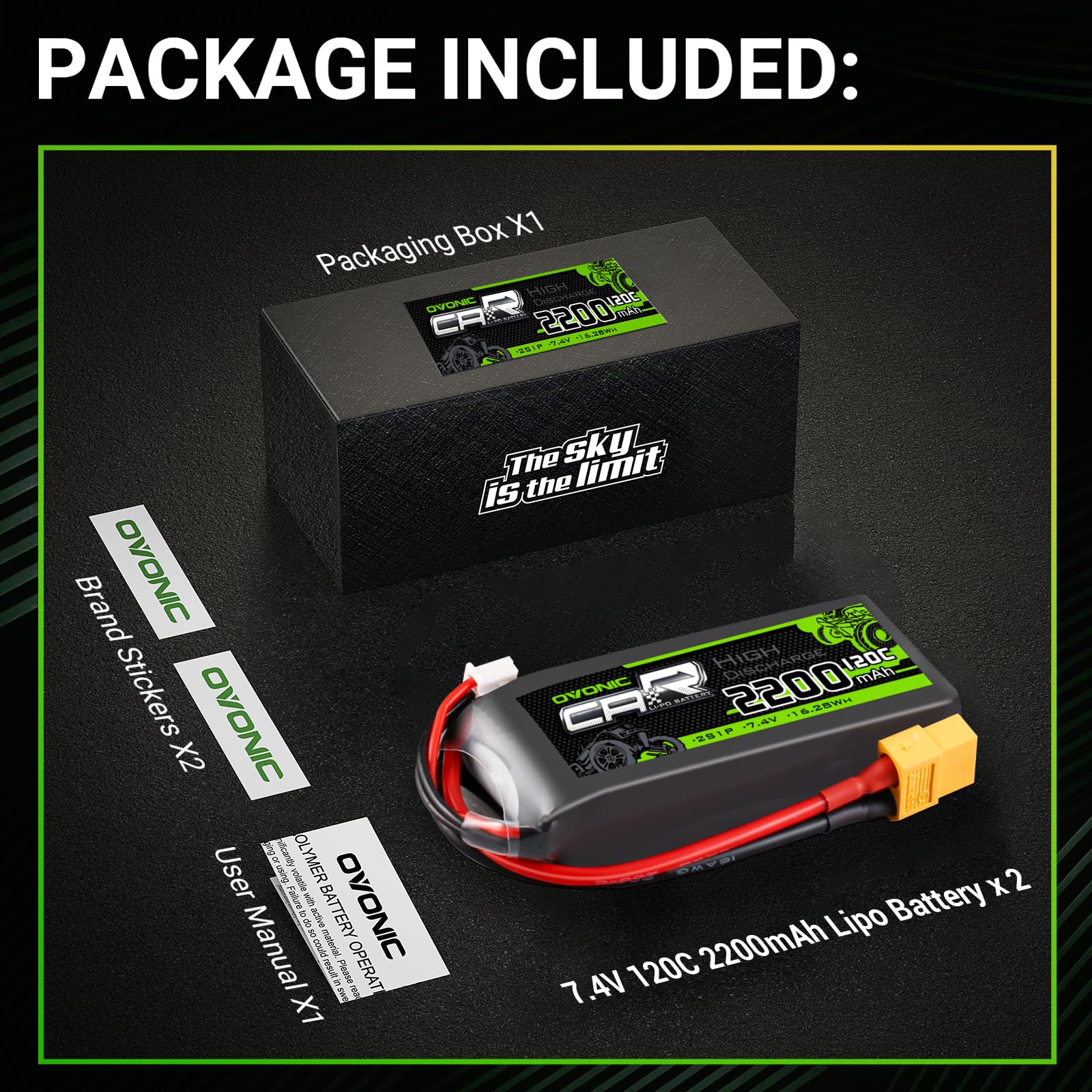 2x Ovonic 2S Lipo Battery 2200mAh 120C 7.4V with XT60 Connector - High Performance RC Car Battery for 1/16 Traxxas Slash & E-Revo - Perfect for RC Racing, Bashing and Off-Road Truck Adventures