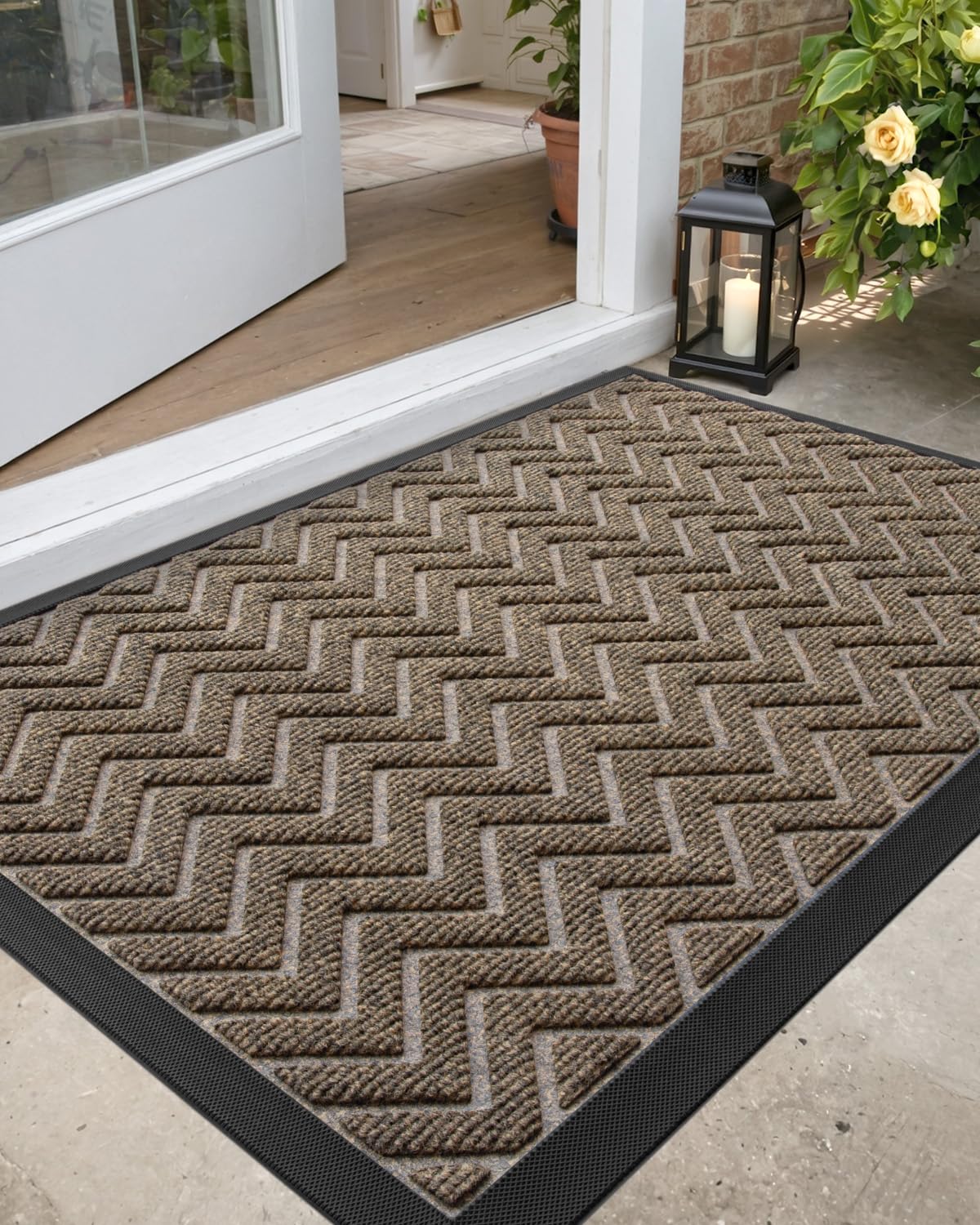 DEXI Heavy Duty Rubber Backed Doormat for Front Door - 4x2 Feet, Stain & Fade Resistant, Low-Profile Easy Clean Entryway Floor Mat in Chevron Dark Brown - Perfect for Outdoor/Indoor Use at Home, Office, or Apartment Entrance