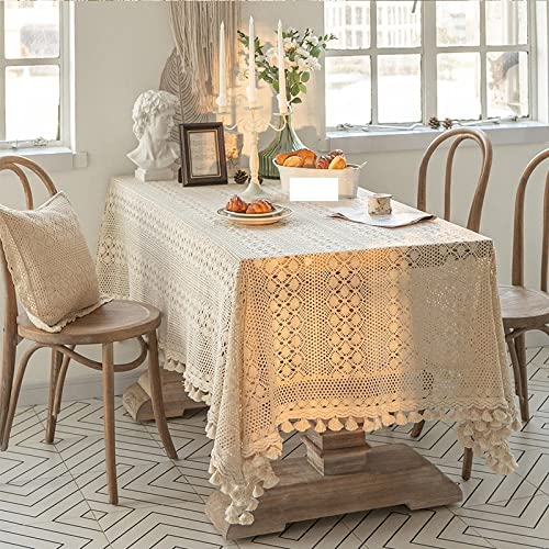 Vintage Lace Tablecloth - American Country Style White Rectangular Table Cover 110x110cm, Simple Weaving Hollow Design for Wedding, Party, Coffee Table & Home Decor