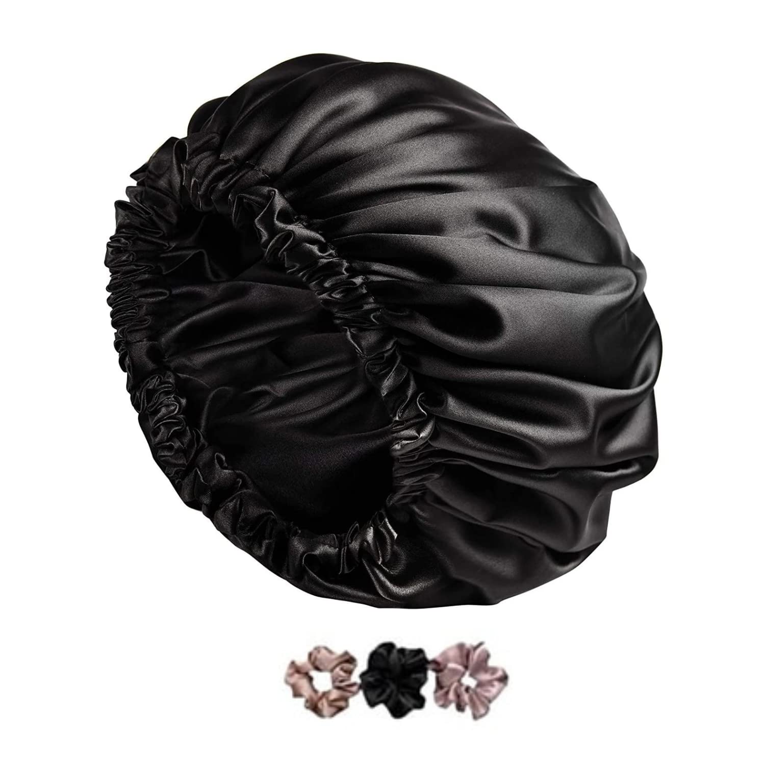 **GO WELL Satin Silk Bonnet for Hair with 3 Satin Scrunchies - Adjustable Reversible Silk Hair Cap for Sleeping, Curly & Natural Hair - Soft Satin Hair Wrap for Nighttime & Travel Use**