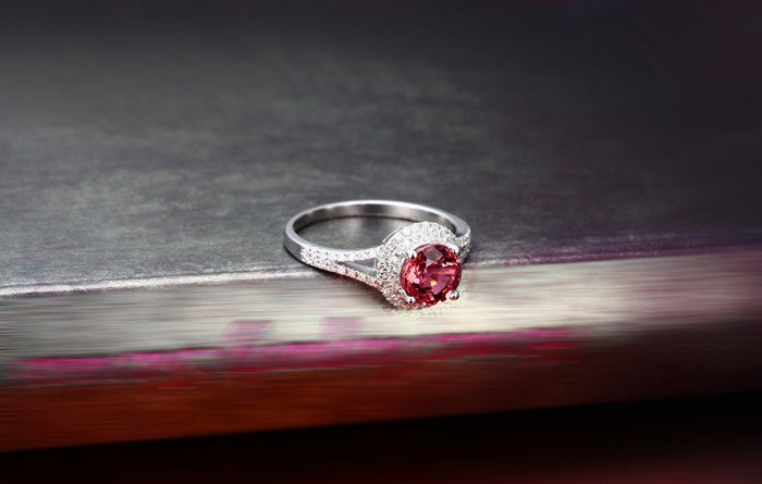 1 Carat Round Cut Red Ruby & Moissanite Diamond Halo Engagement Ring in 14K White Gold for Women - Perfect for Proposals, Anniversaries & Special Occasions