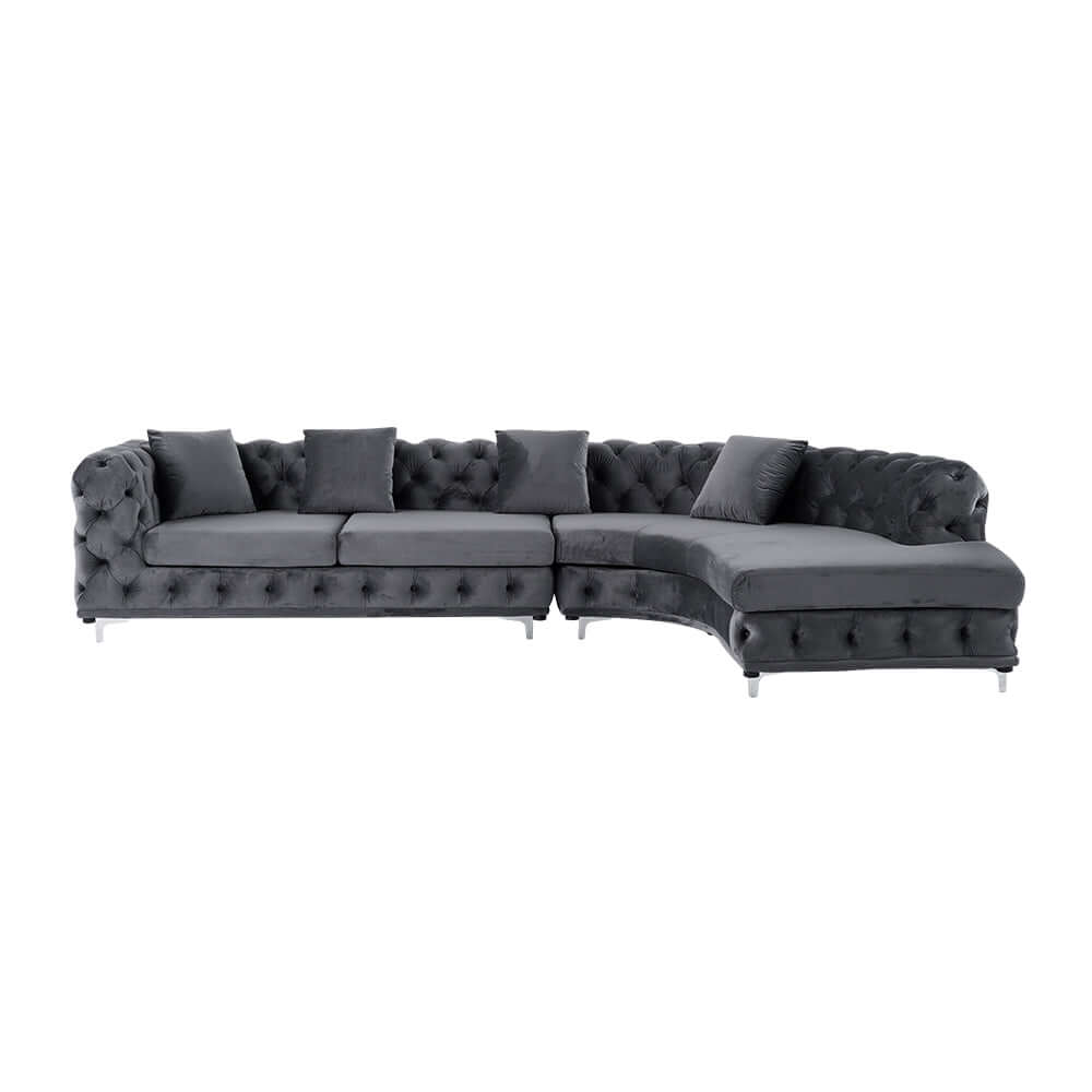 L-Shaped Curved Gray Velvet Sectional Sofa - Modern Chesterfield Style Living Room Couch for Small Spaces & Apartments | Perfect for Lounge, TV Room & Home Theater