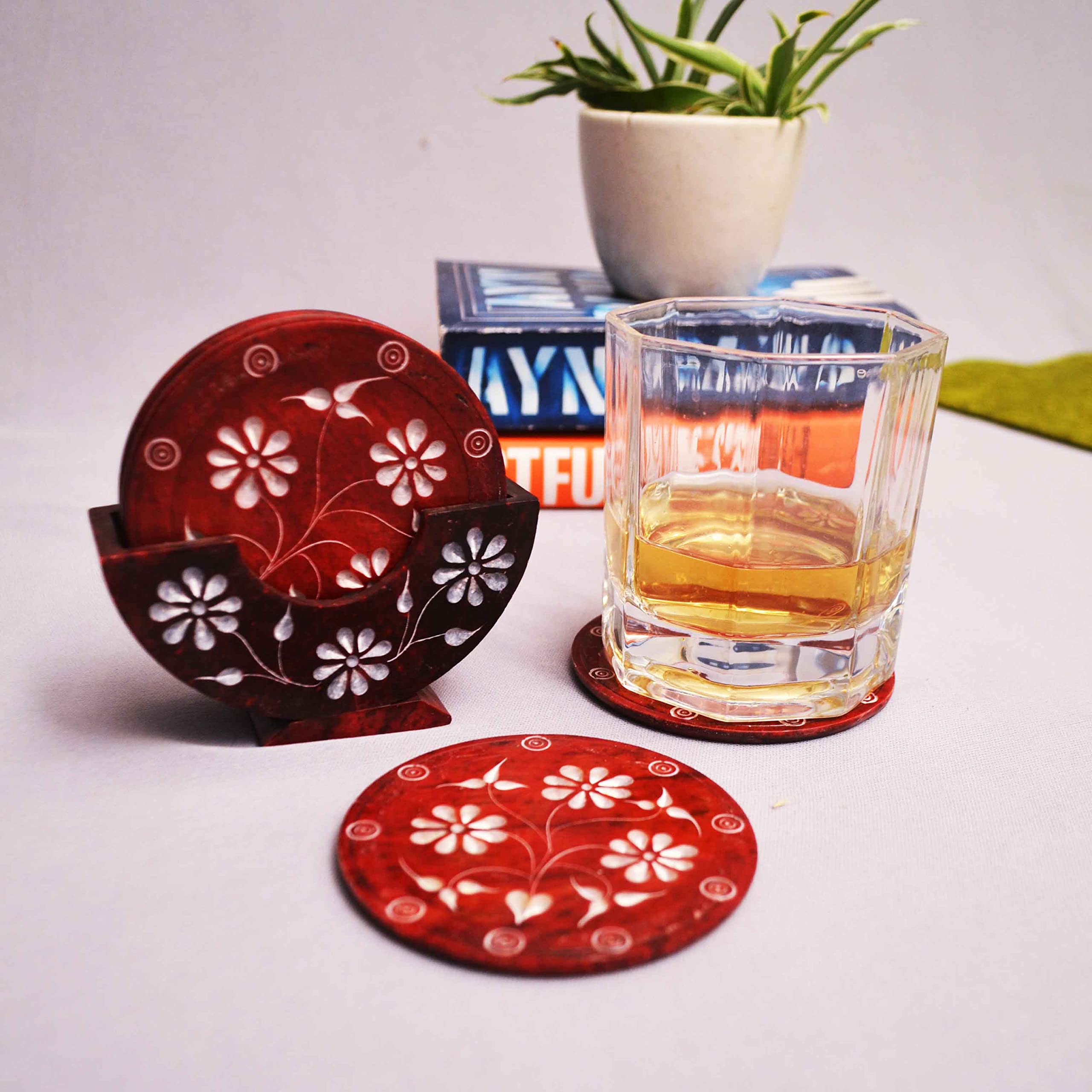 Premium Marble Coasters Set of 6 with Stand - Handcrafted by Indian Artisans | Elegant Tableware for Coffee, Tea & Wine Glasses | Perfect for Home Décor, Office & Gift Giving