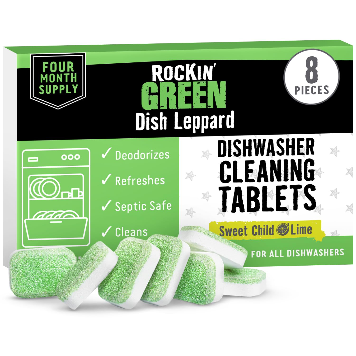 Rockin' Green Dishwasher Cleaner Tablets (8 Pack) - Septic Safe, Citric Acid Powered Dishwasher Cleaning & Deodorizing Tablets - Removes Limescale & Odor Buildup - Sweet Child O'Lime Scent - Perfect for Deep Cleaning & Maintaining Dishwashers in Homes & Restaurants