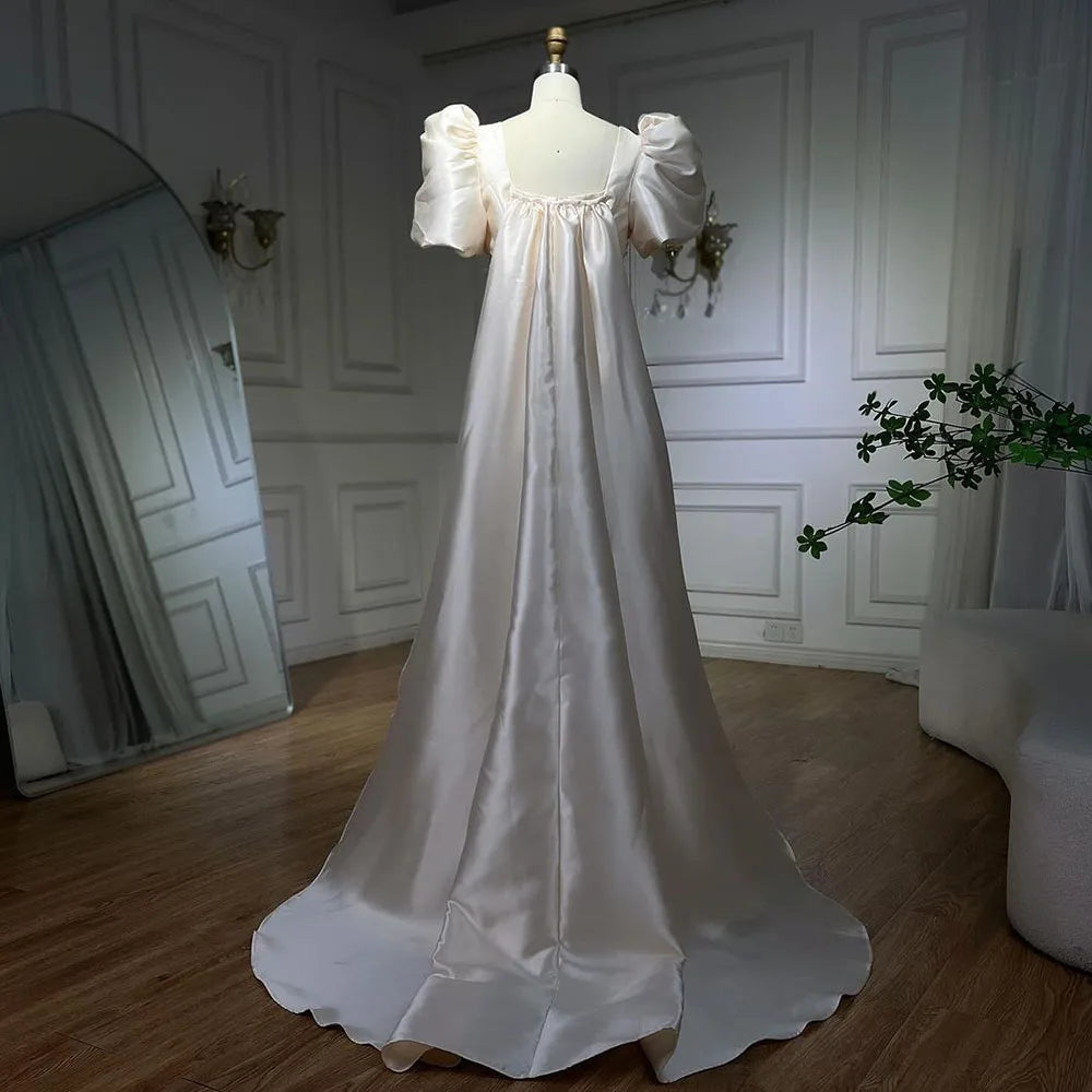 Elegant Ivory Satin Mermaid Evening Dress with Puff Sleeves & Crystal Beading - Women's Formal Gown for Weddings, Parties & Special Occasions | Perfect for Bridal Showers, Prom & Black Tie Events