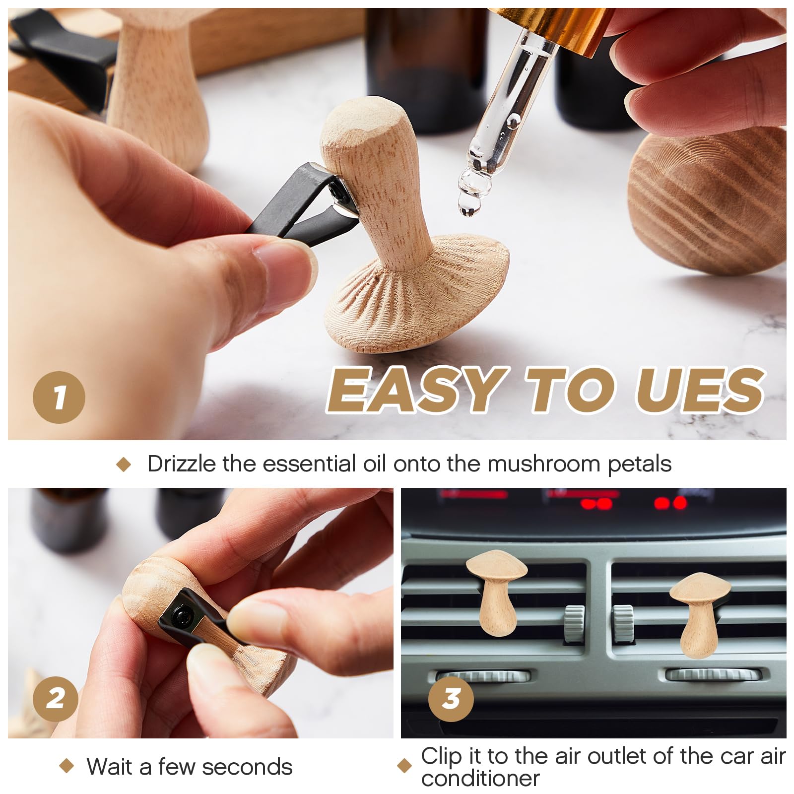 Dandat 4-Piece Wooden Car Essential Oil Diffuser Vent Clips | Mushroom-Shaped Car Air Freshener | Aromatherapy Wood Car Diffusers | Automotive Interior Accessories & Decor for Men & Women | Perfect Gift for Car Lovers | Ideal for Home, Office & Travel Use