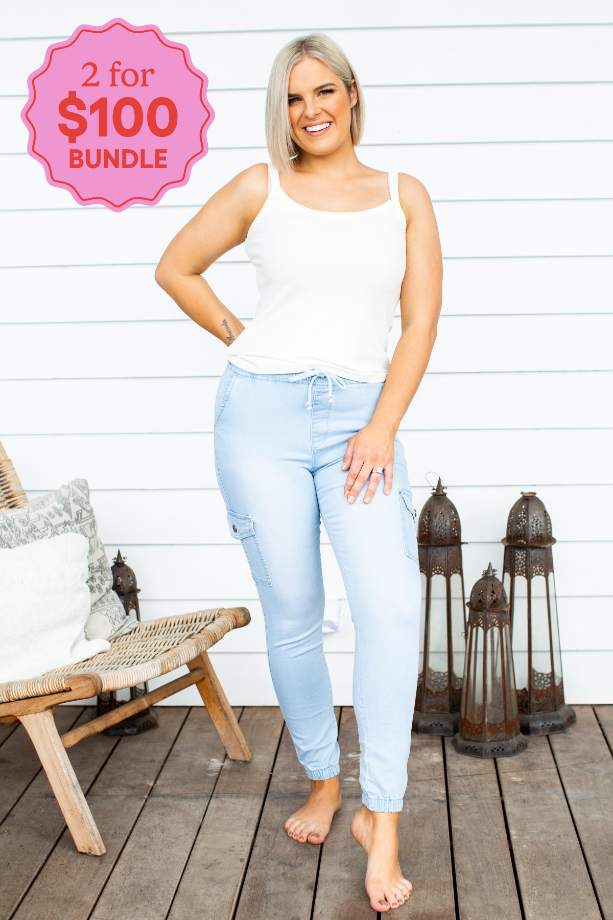 Florence Light Blue Denim Joggers for Women - Comfortable Stretch Casual Pants for Everyday Wear, Running Errands & Lounge
