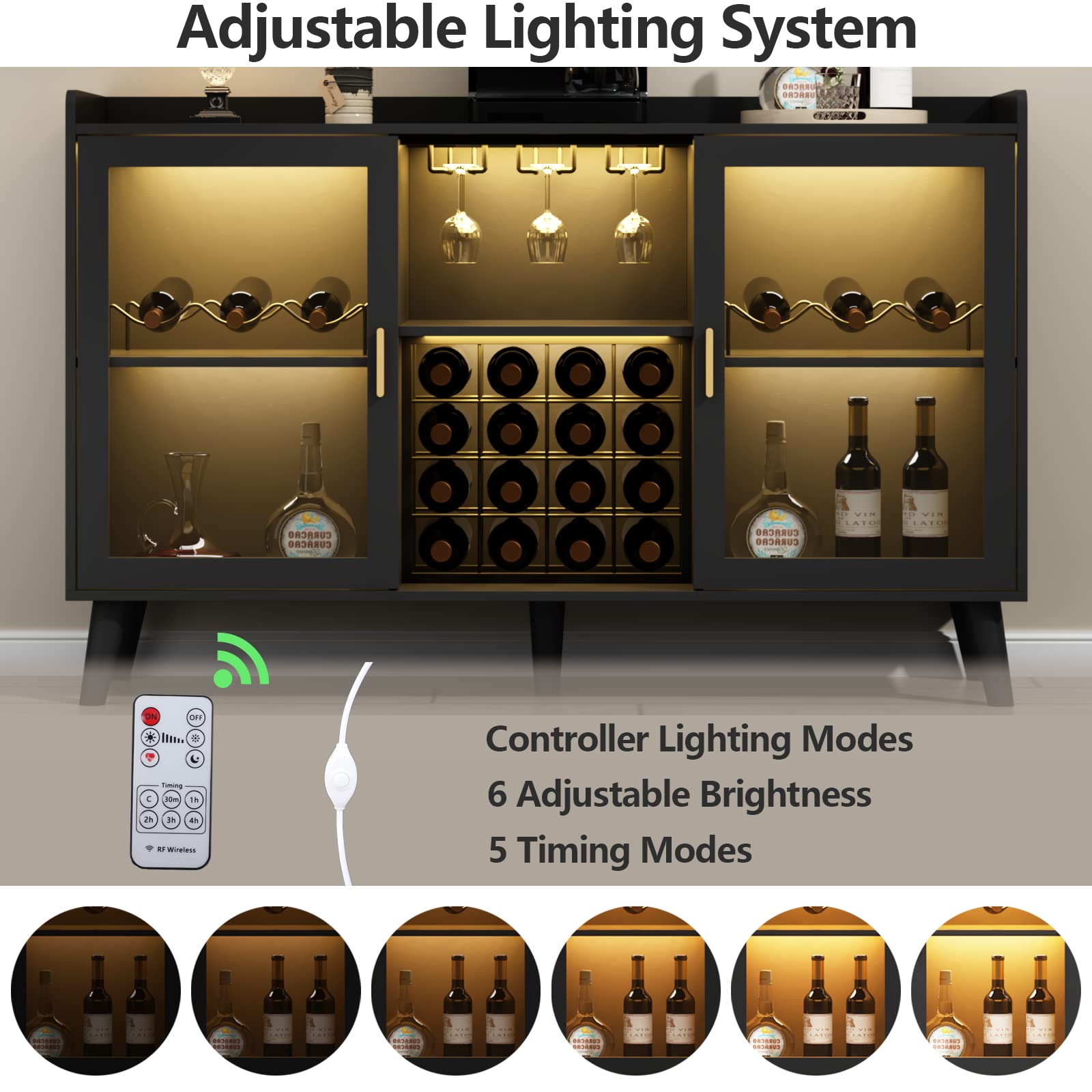 Modern Wine Bar Cabinet with LED Lighting - Freestanding Kitchen Buffet Sideboard with Wine Rack & Glass Storage - Elegant Home Coffee Station & Liquor Cabinet for Living Room, Dining Room (Black) - Perfect for Entertaining Guests & Stylish Home Decor