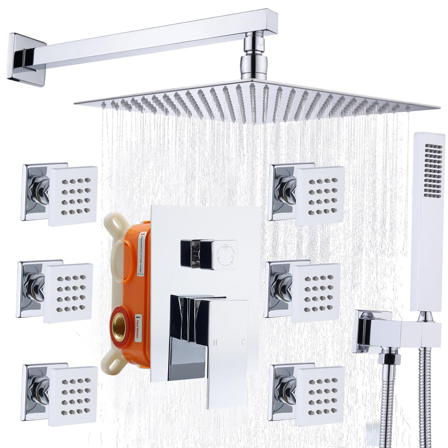 Enga 12 Inch Rain Shower System with Body Jets - Powerful Rainfall Shower Head & Handheld Spray - Chrome Rough-in Mixer Valve Faucet Set for Spa-Like Bathroom Experience | Perfect for Master Bathrooms & Luxury Showers