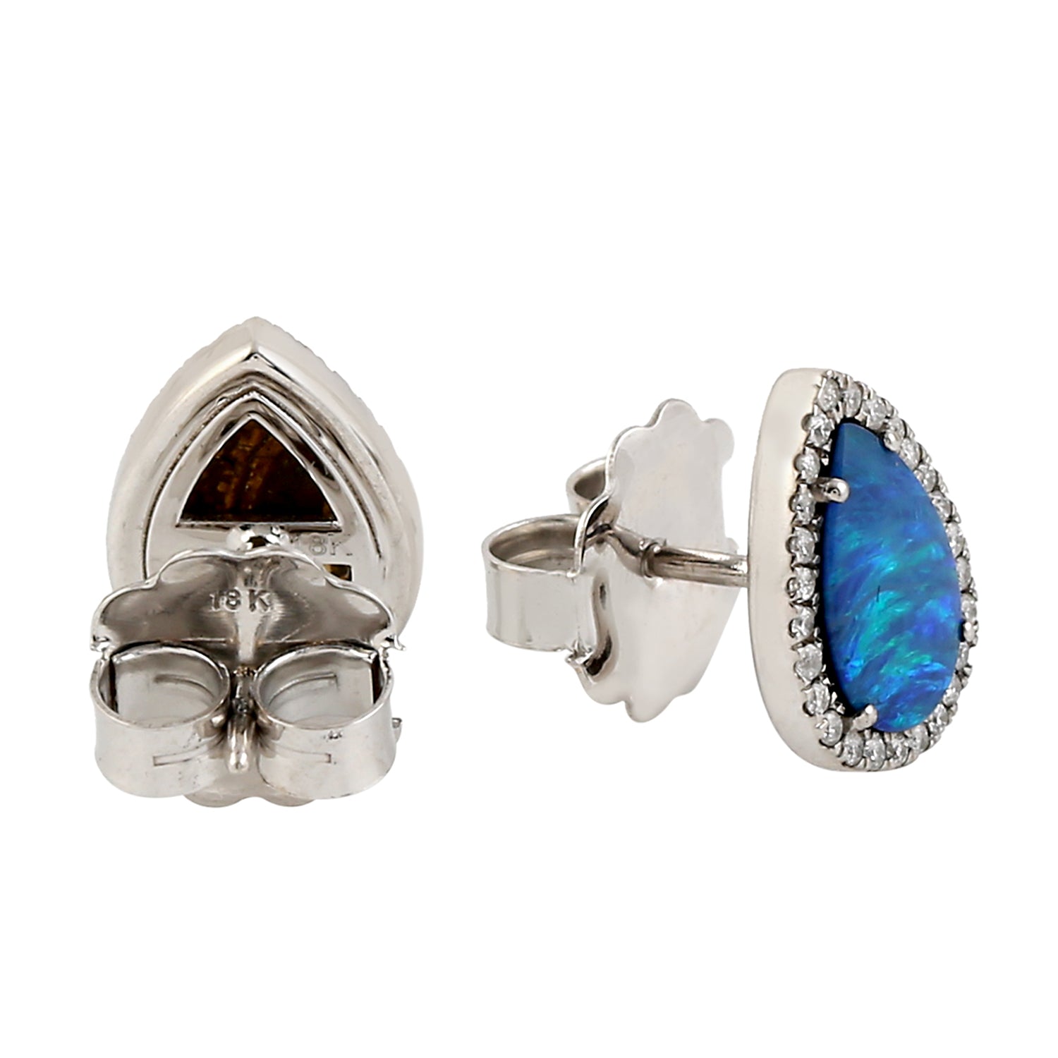 18K White Gold Doublet Opal Studded Pave Diamond Teardrop Earrings - Minimalist Elegance for Weddings, Parties & Special Occasions