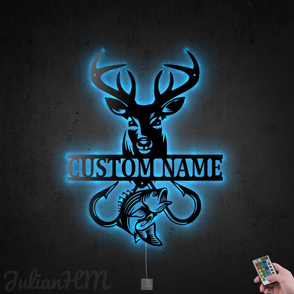 Personalized Deer Fish Hook Monogram Metal Wall Decor with LED Lights - Custom Deer Hunting Wall Art & Name Sign for Living Room, Bedroom, Cabin - 18x18 Inches Rustic Home Decor for Hunters & Outdoor Enthusiasts