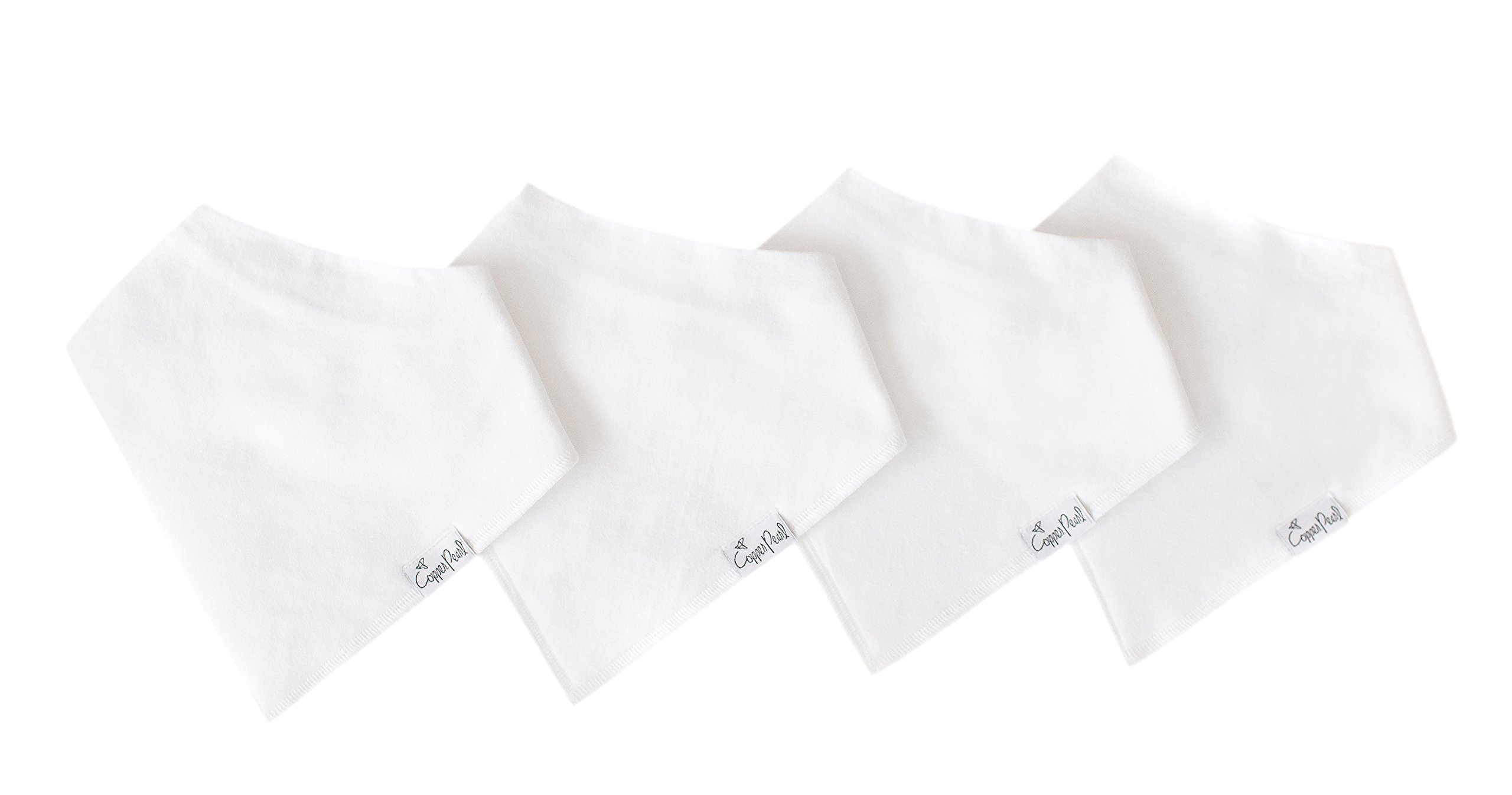 Copper Pearl Baby Bandana Bibs - 4 Pack Soft Cotton Drool Bibs for Boys & Girls | Adjustable Newborn to Toddler Bibs for Teething & Drooling | Absorbent White Basics for Feeding, Playtime & Outfits