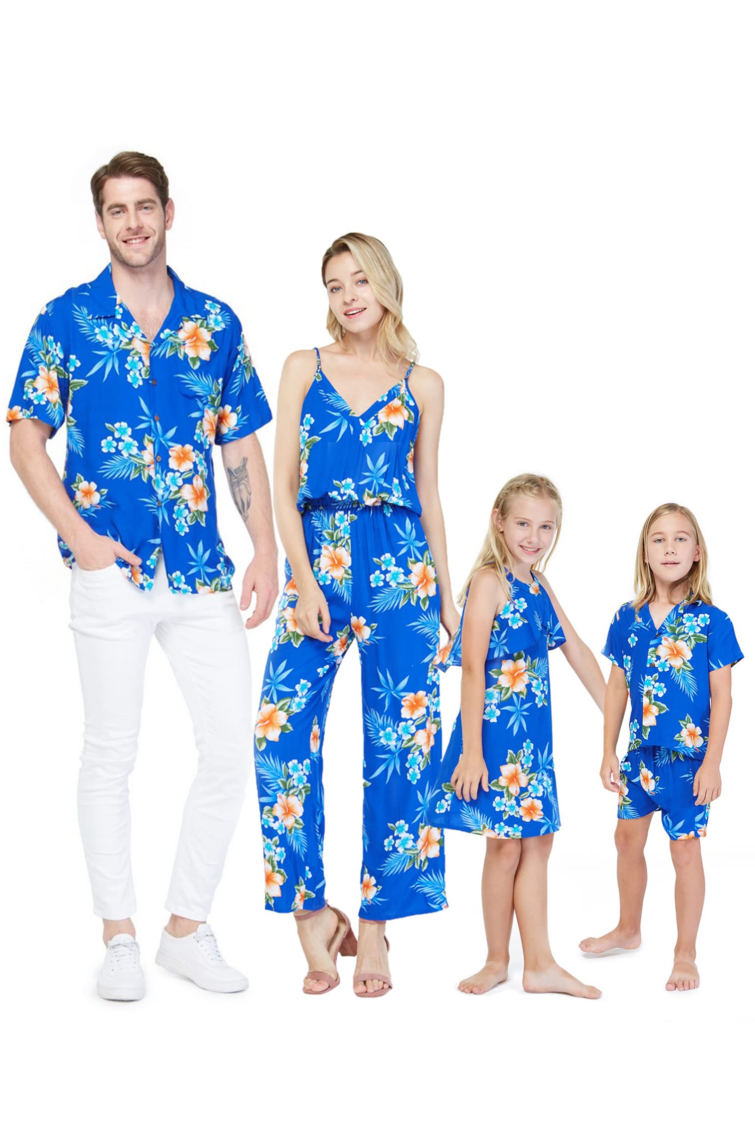 Hawaiian Luau Outfits for Family - Matching Hibiscus Blue Aloha Shirts for Men, Women, Boys & Girls | Perfect for Beach Parties, Luaus & Summer Vacations