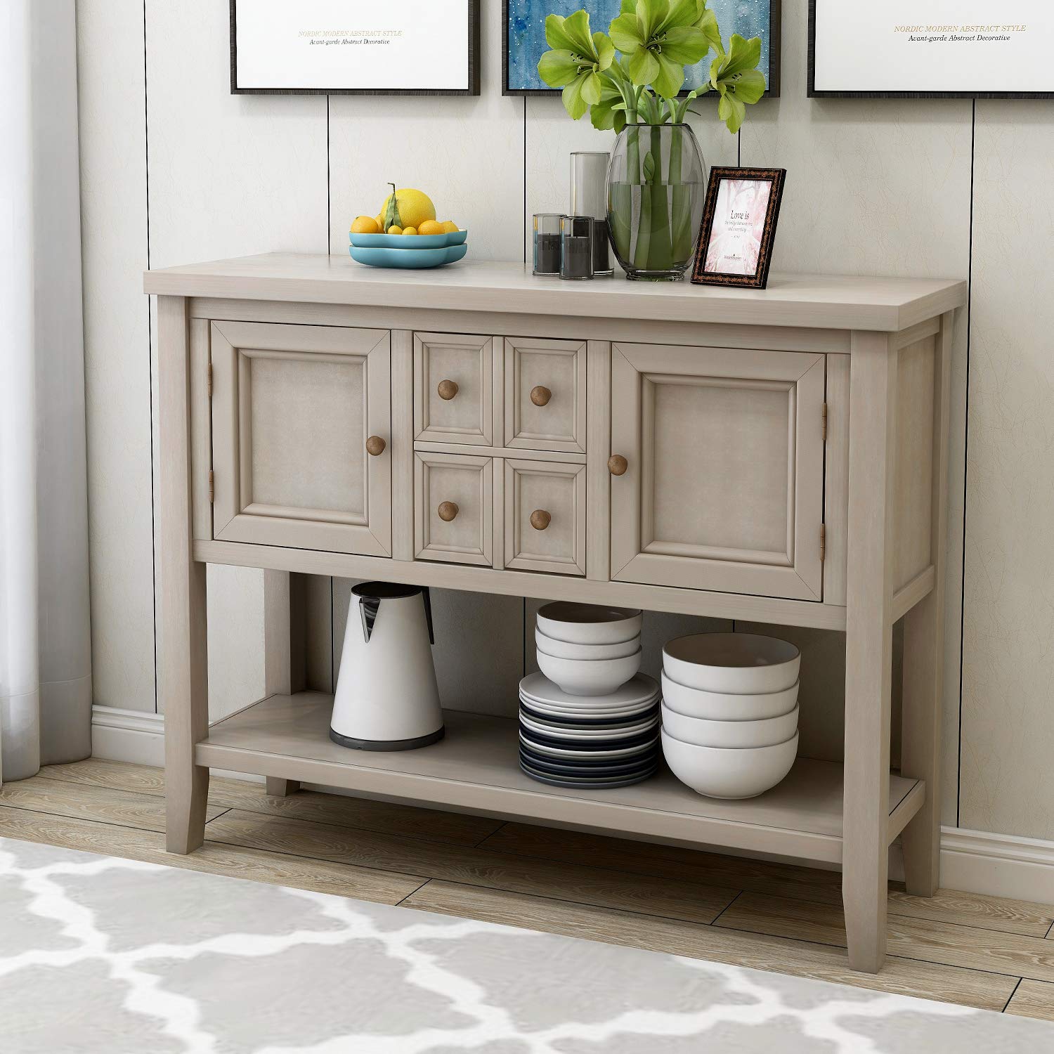 Modern Antique Gray Sideboard Console Table with 4 Drawers, 2 Cabinets & Bottom Shelf - Entryway Buffet, Sofa Table & Living Room Storage Solution