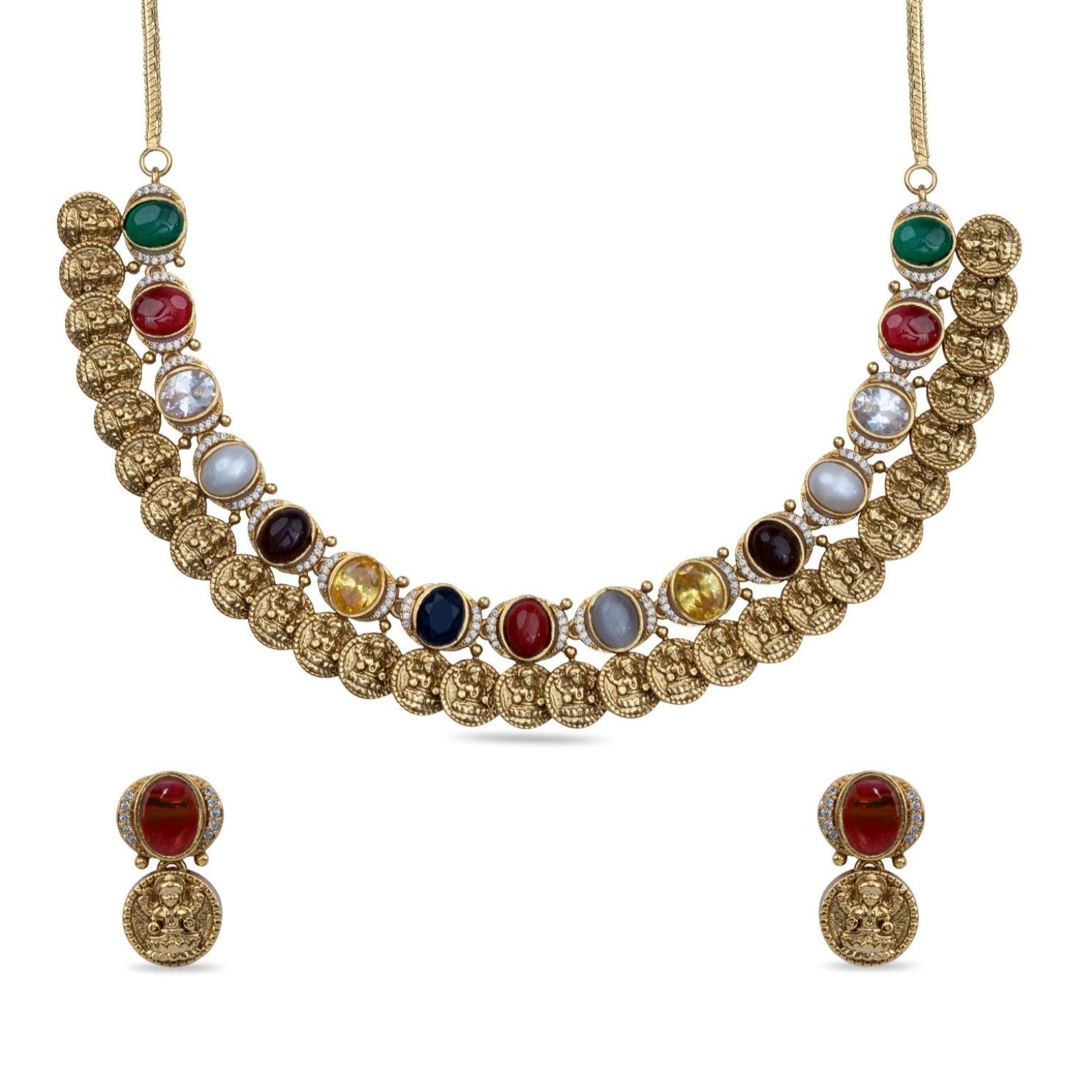 Dhanya Antique Navaratna Necklace Set - Authentic Indian Jewelry with 9 Precious Gemstones - Perfect for Weddings, Festivals & Special Occasions