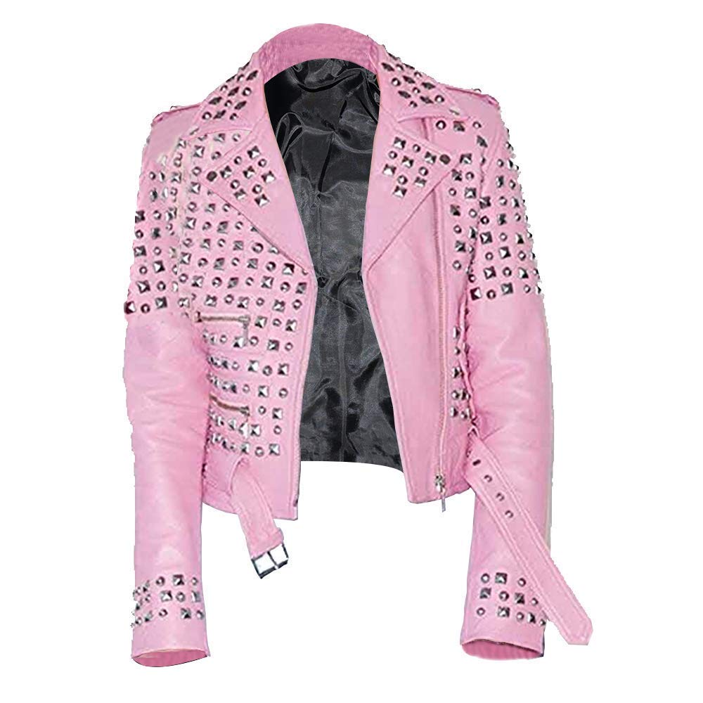 Women's Vegan Leather Biker Jacket - Gothic Punk Style with Studded Belt for Perfect Shape | Pink Faux Leather Motorcycle Jacket for Women | Perfect for Concerts, Night Out, Halloween & Punk Fashion
