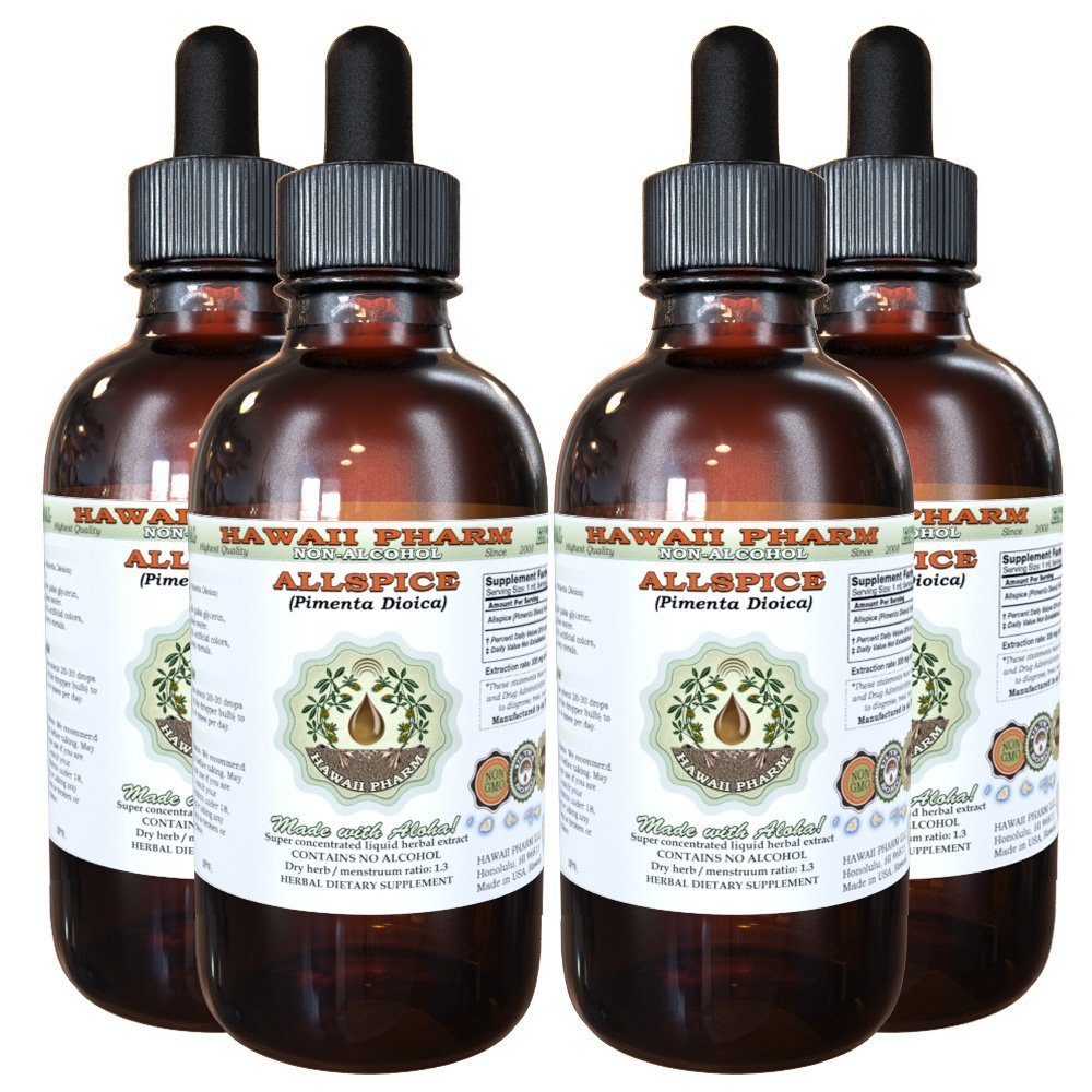 Organic Allspice Alcohol-Free Liquid Extract (Pimenta Dioica) Glycerite - 4x4 oz | Natural Herbal Supplement by Hawaii Pharm | Perfect for Baking, Cooking & Herbal Remedies