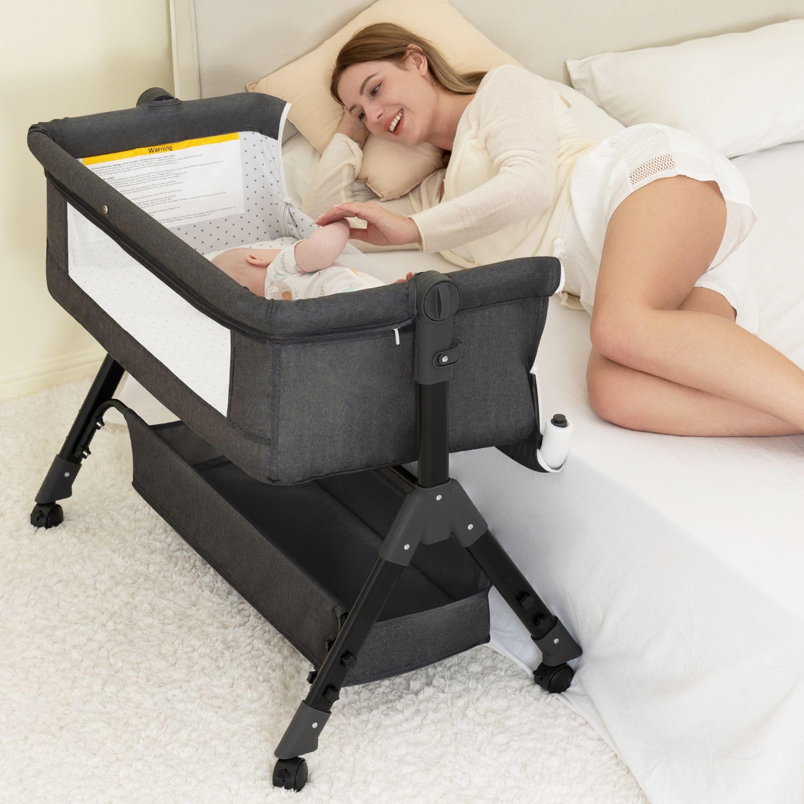 **3-in-1 Portable Baby Bassinet with Wheels & Mosquito Net - Adjustable, Foldable Bedside Sleeper for Newborns & Infants (Dark Grey) - Perfect for Nursery, Travel & Co-Sleeping**