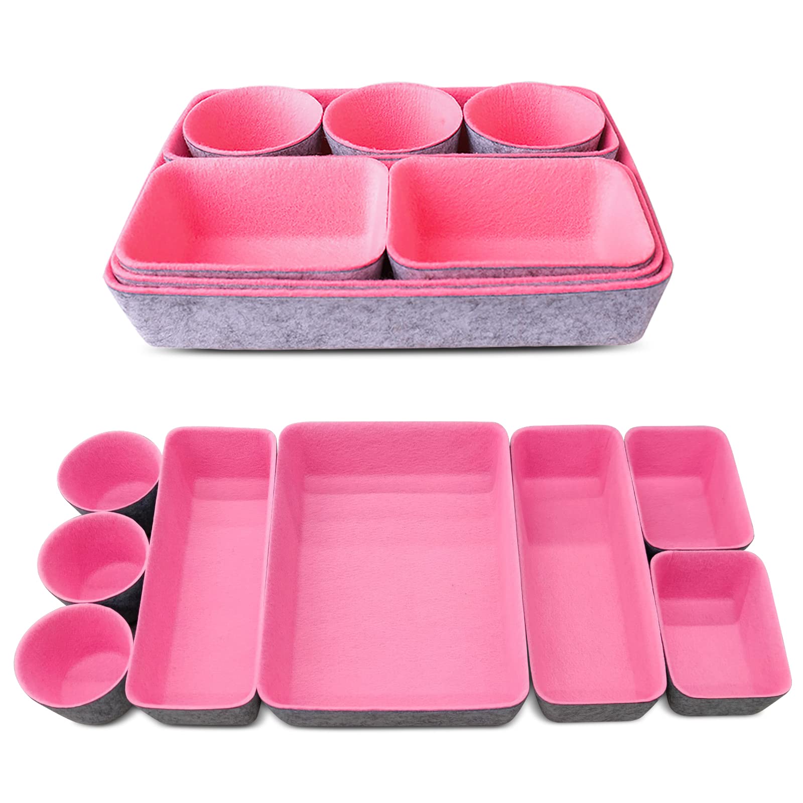 Pink Felt Drawer Organizer Trays - Set of 8 Desk Organizer Bins & Storage Containers for Makeup, Jewelry, Utensils - Perfect for Bedroom Dresser, Office & Kitchen Organization (Home & Office Storage Solution)