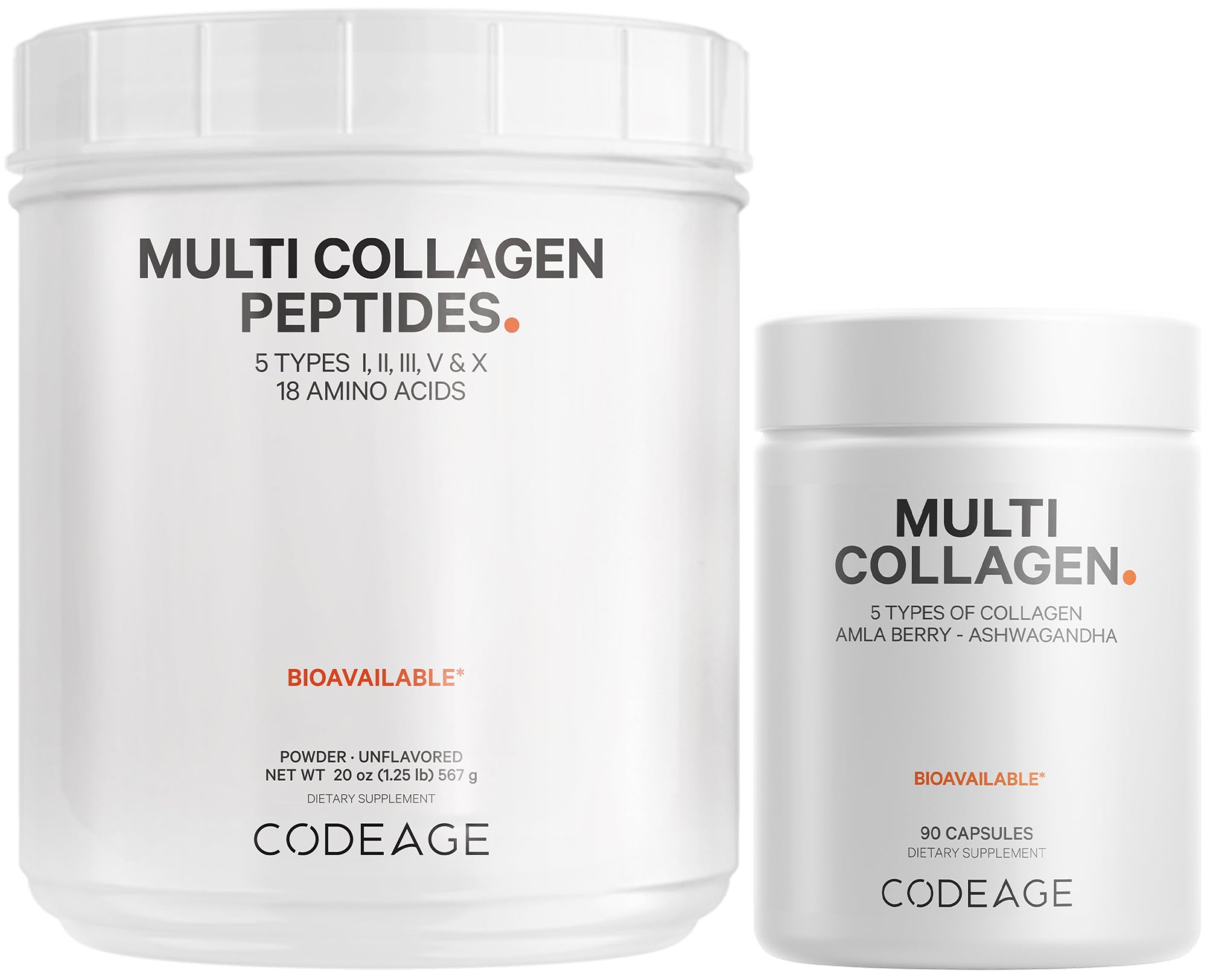 Codeage Multi Collagen Protein Supplement Bundle - Hydrolyzed Collagen Peptides Powder (20oz) & Capsules (90 Count) with Types I, II, III, V & X for Skin, Hair, Joint & Gut Health | Perfect for Smoothies, Coffee & Daily Wellness Routine