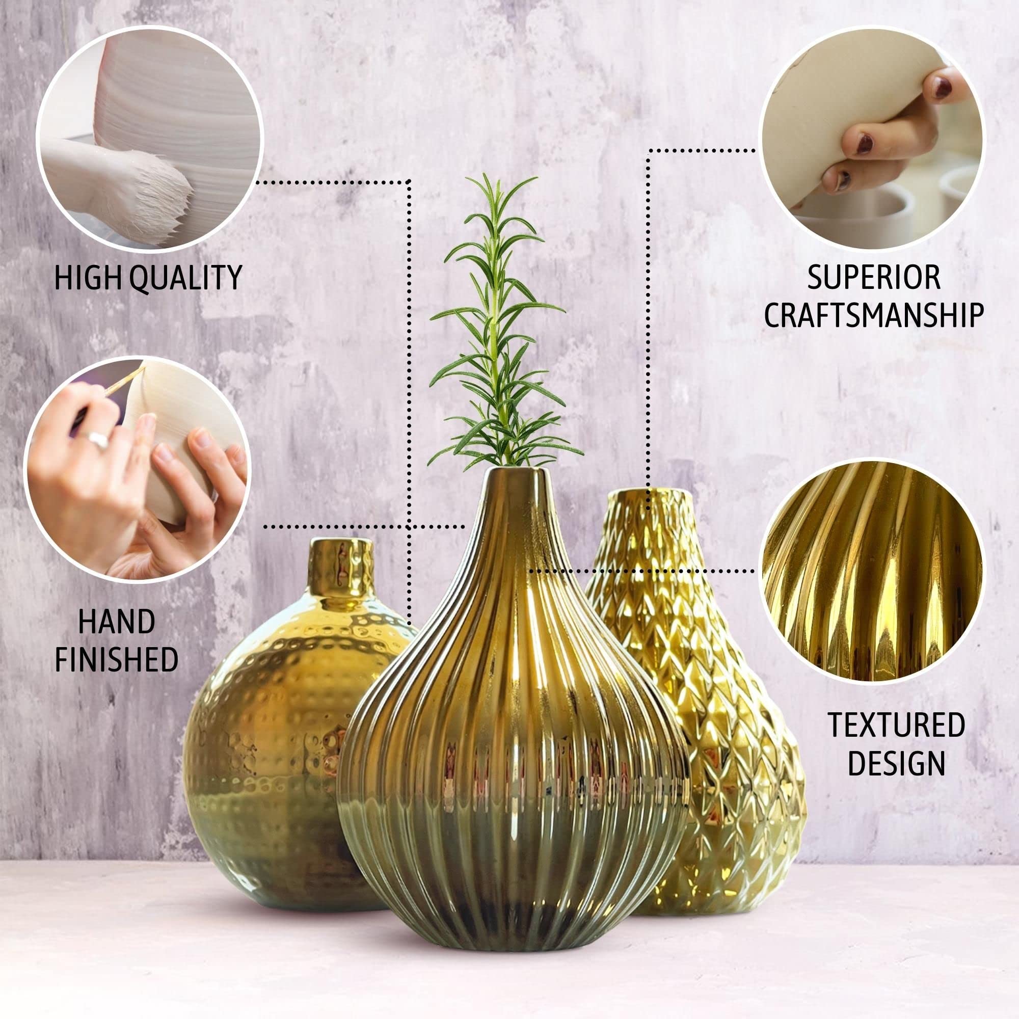Zensational Ceramic Gold Vase Set of 3 - Diamond, Spot, Stripe Design - Small Decorative Flower Vases - Textured Round Mini Vases - Elegant Gold Centerpiece - Wedding Bud Vases - Perfect for Home Decor, Table Centerpieces & Special Events