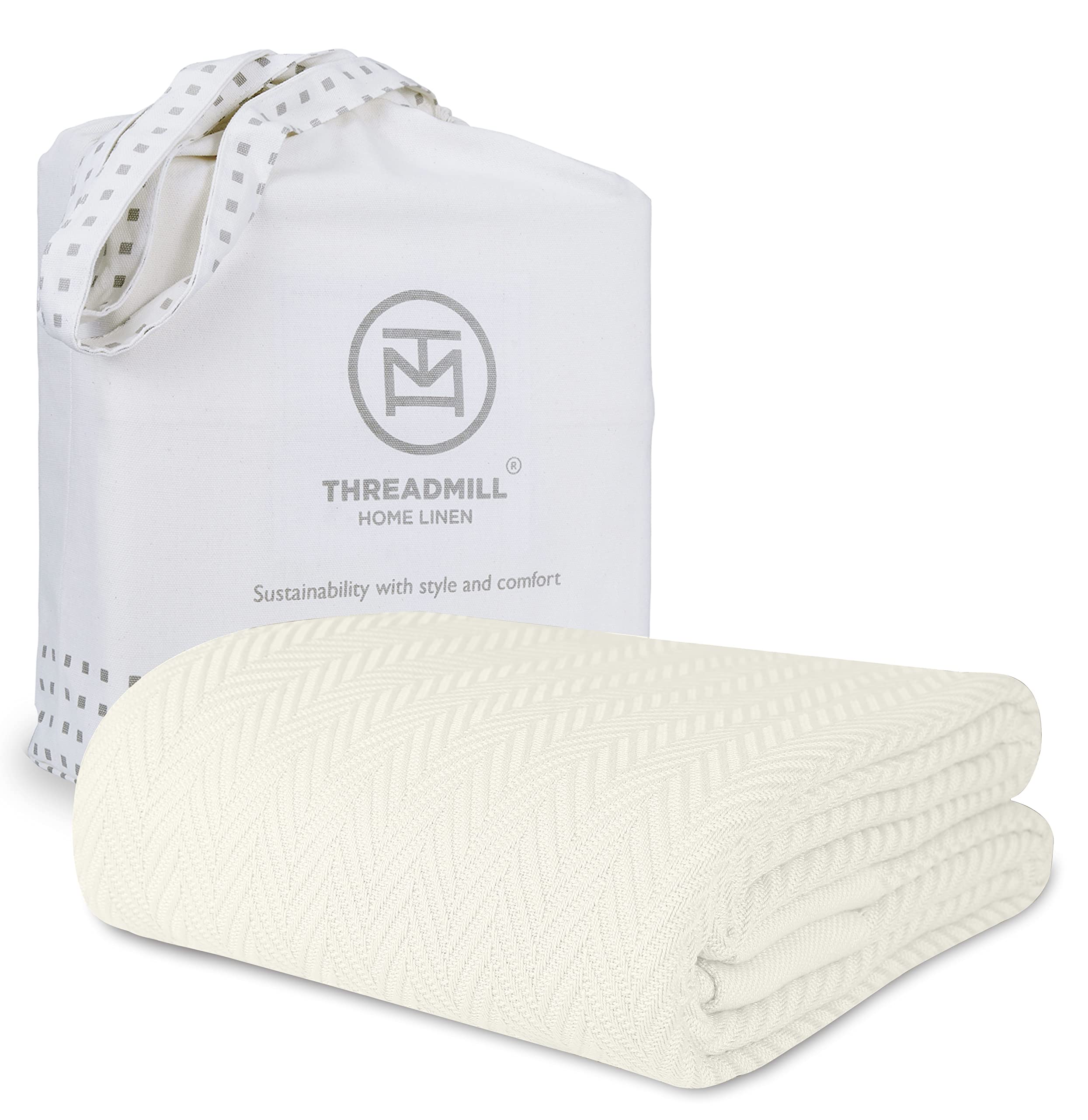 Premium 100% Cotton Twin Size Blanket - Soft & Cozy Herringbone Thermal Blanket for All Seasons | 350GSM Luxury Bed Blanket, 68x92 Inches in Tusk White | Perfect for Fall, Winter & Year-Round Comfort in Bedroom, Living Room or Dorm